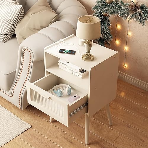 Miniatura 7 de Mesita de noche moderna de mediados de siglo con estación de carga, mesitas de noche con cajón de cristal, mesa auxiliar con espacio de
