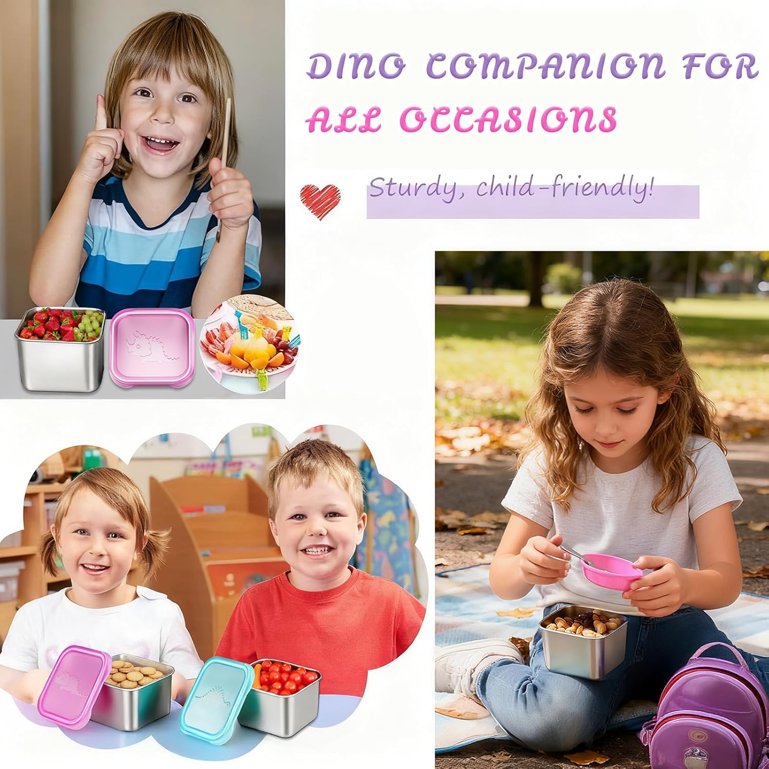 6-Pack Small (6 oz) Stainless Steel Snack Containers for Kids, Easy-Open Toddler Snack Containers with Lids - Cute Dinosaur Small Stackable Metal Lunch Box for Daycare, School, Travel - Image 7