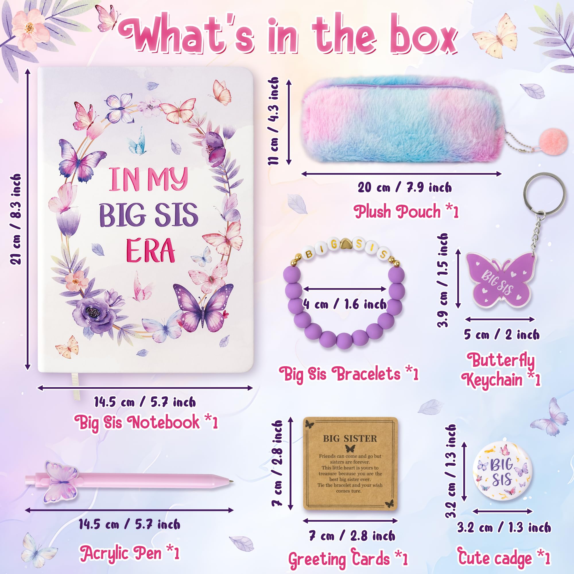 CY2SIDE Big Sister Gifts for Girls, 7PCS In My Big Sis Era Announcement Set Include Butterfly Notebook Pen Plush Pouch Keychain and Greeting Card, Charm Birthday Gifts for New Sibling Arrival Age 2-8
