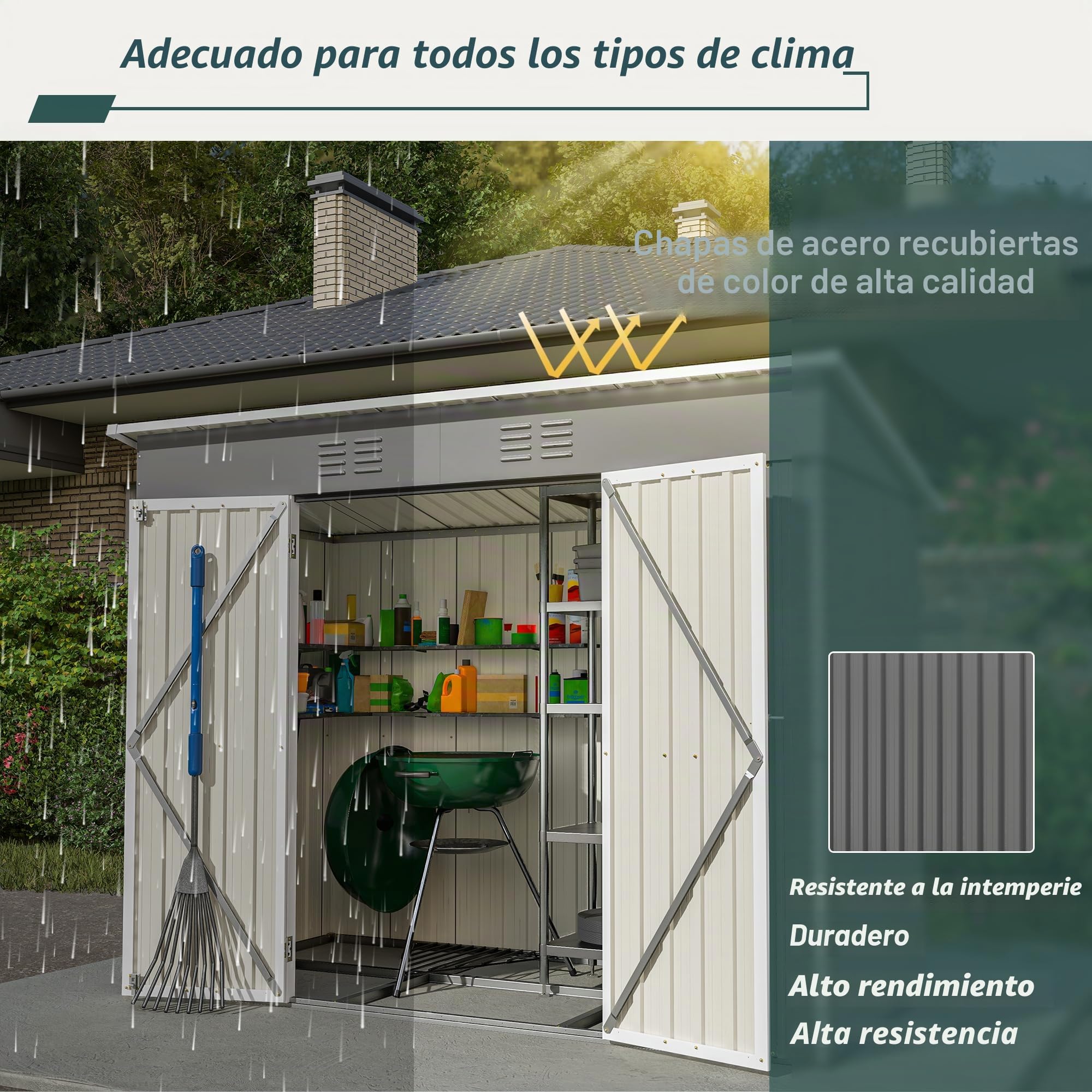 Caseta de jardín de metal 8x4 pies, caseta de herramientas incluye base de metal (sin suelo), armario de jardín de metal con tejado inclinado y puerta, resistente a la intemperie, cobertizo para