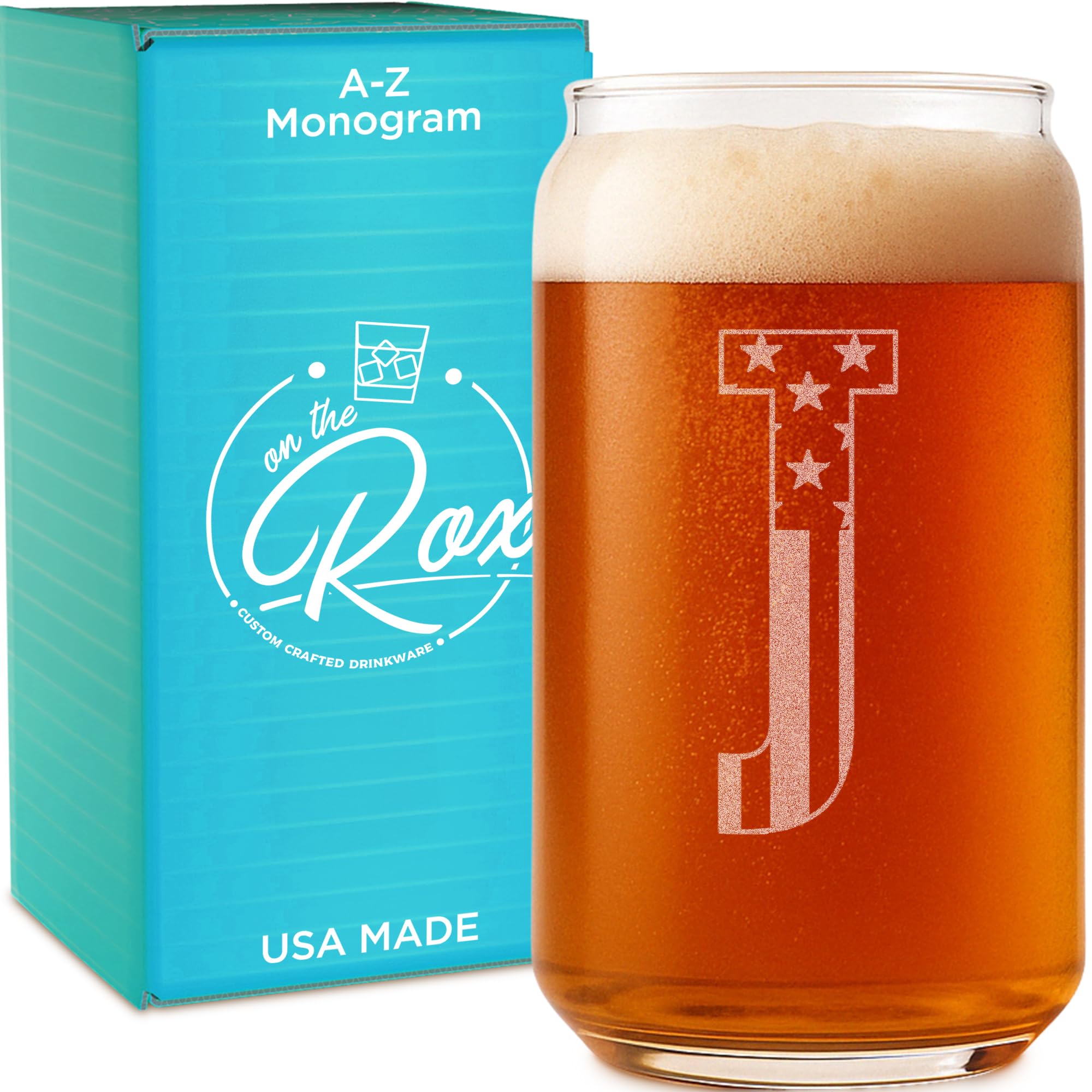 On The Rox Monogram Beer Glasses for Men (A-Z) 16 oz - Personalized Engraved Beer Gifts for Him - Groomsmen Gifts Brother in Law Dad Son Coworker - Unique USA Made Dishwasher Safe Pint Glass (J)