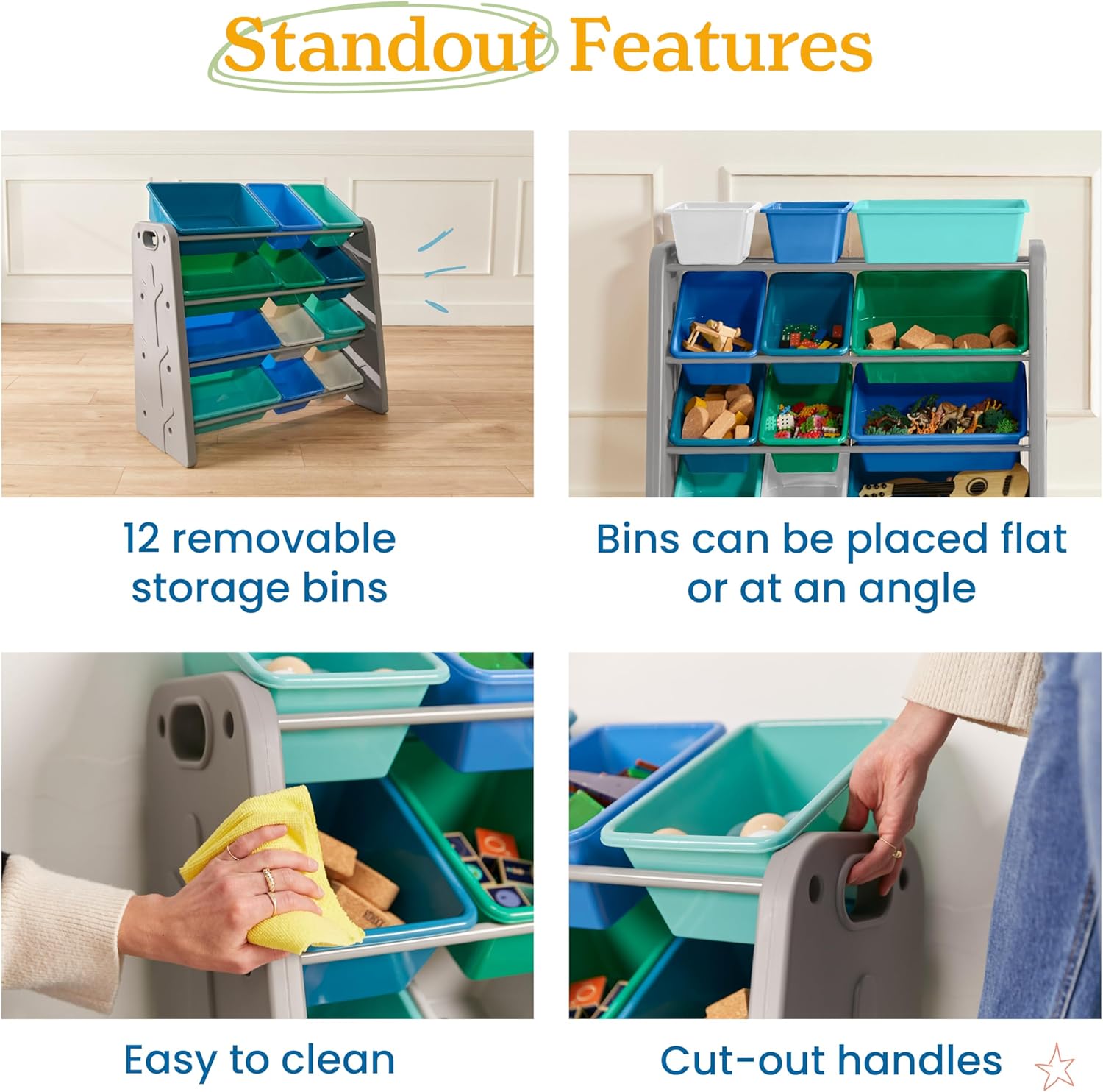 ECR4Kids Tree Storage Organizer with 12 Bins, showing bins placed flat and angled