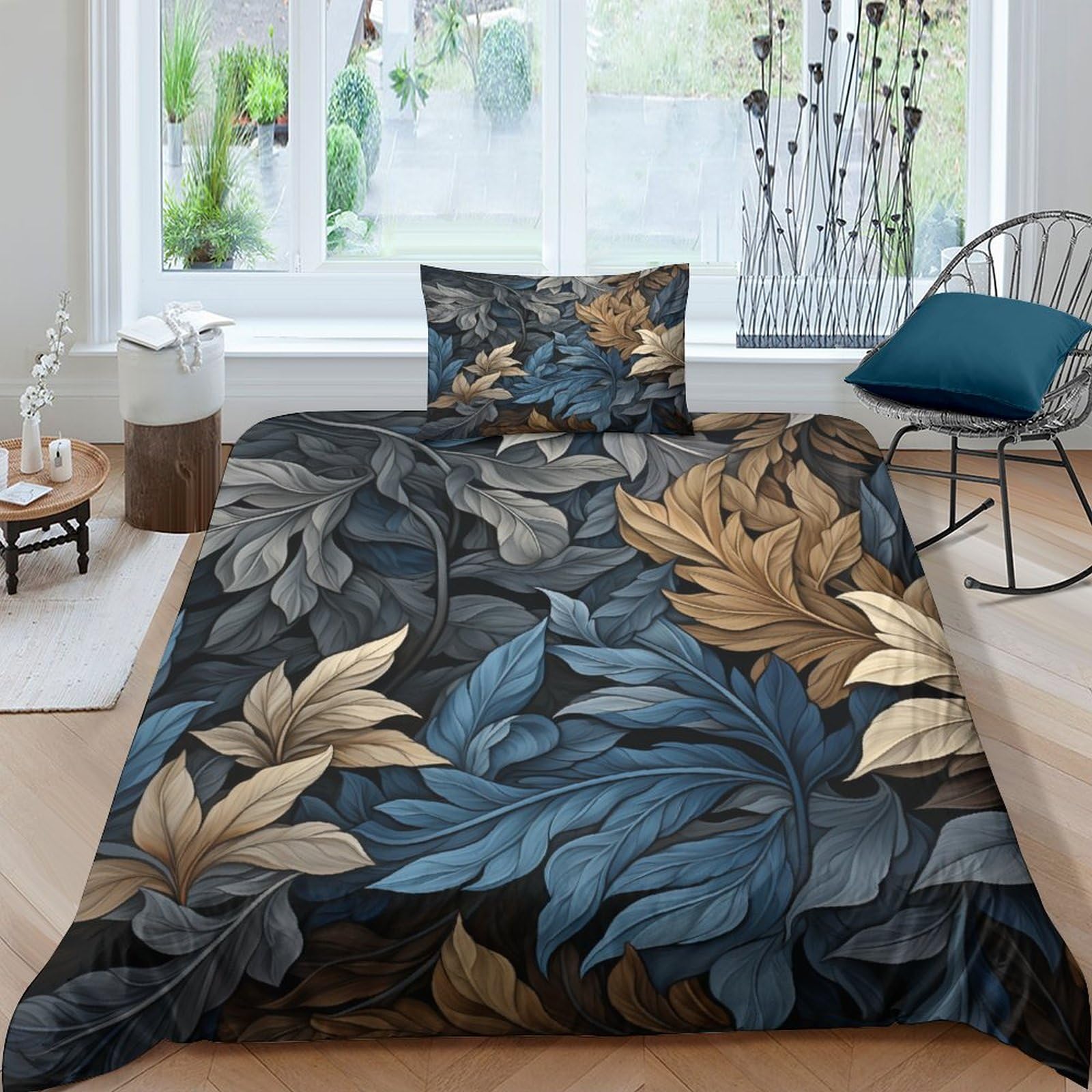 Housses de couettes motif feuilles bleu et gris pour chambre zen
