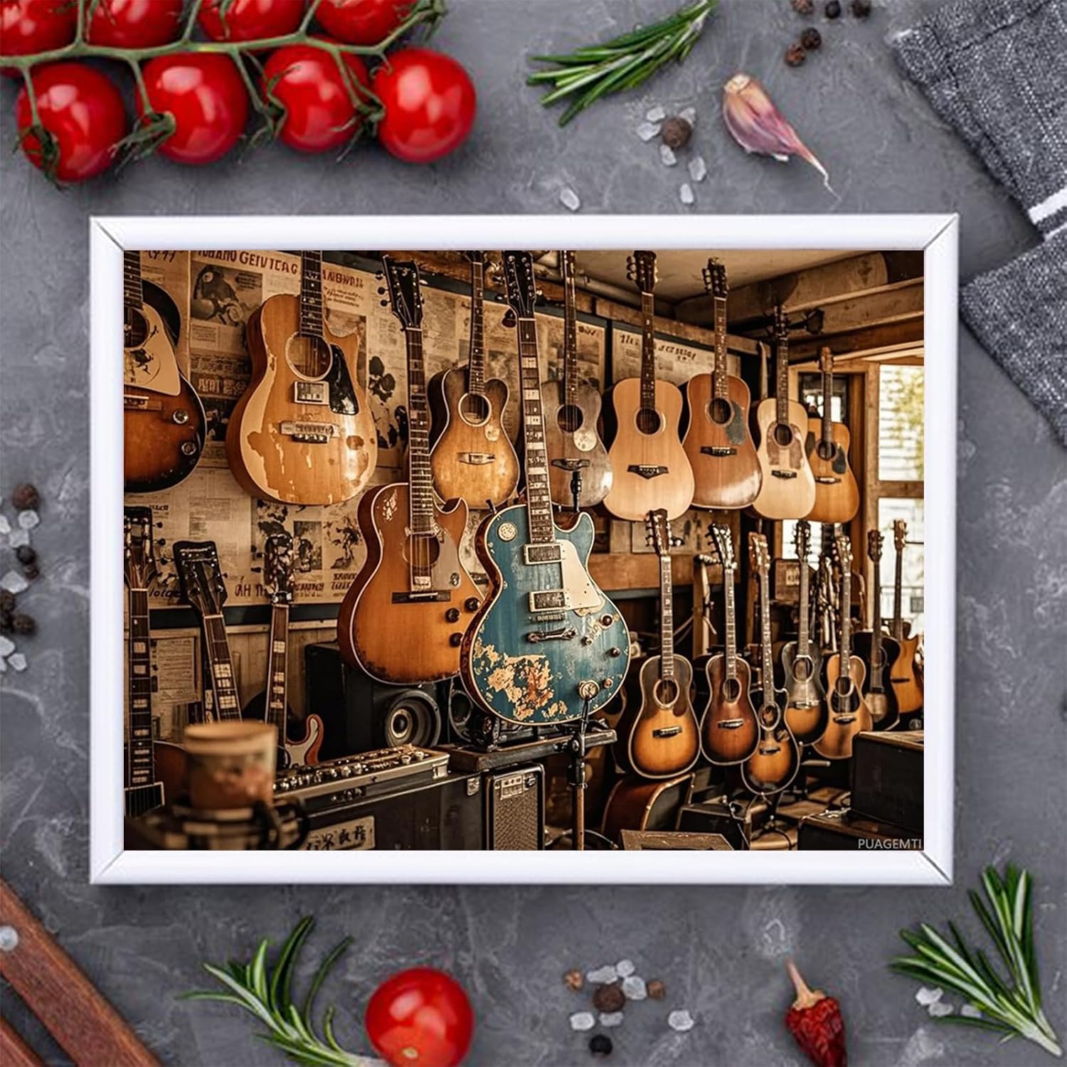 PUAGEMTI Vintage Guitars Musical Instrument Diamond Art 5D Diamond Painting DIY Kits Full Round Drill Crystal by Number Mosaic Handmade Arts and Crafts for Home Wall Living Room Decor 12x16 inch