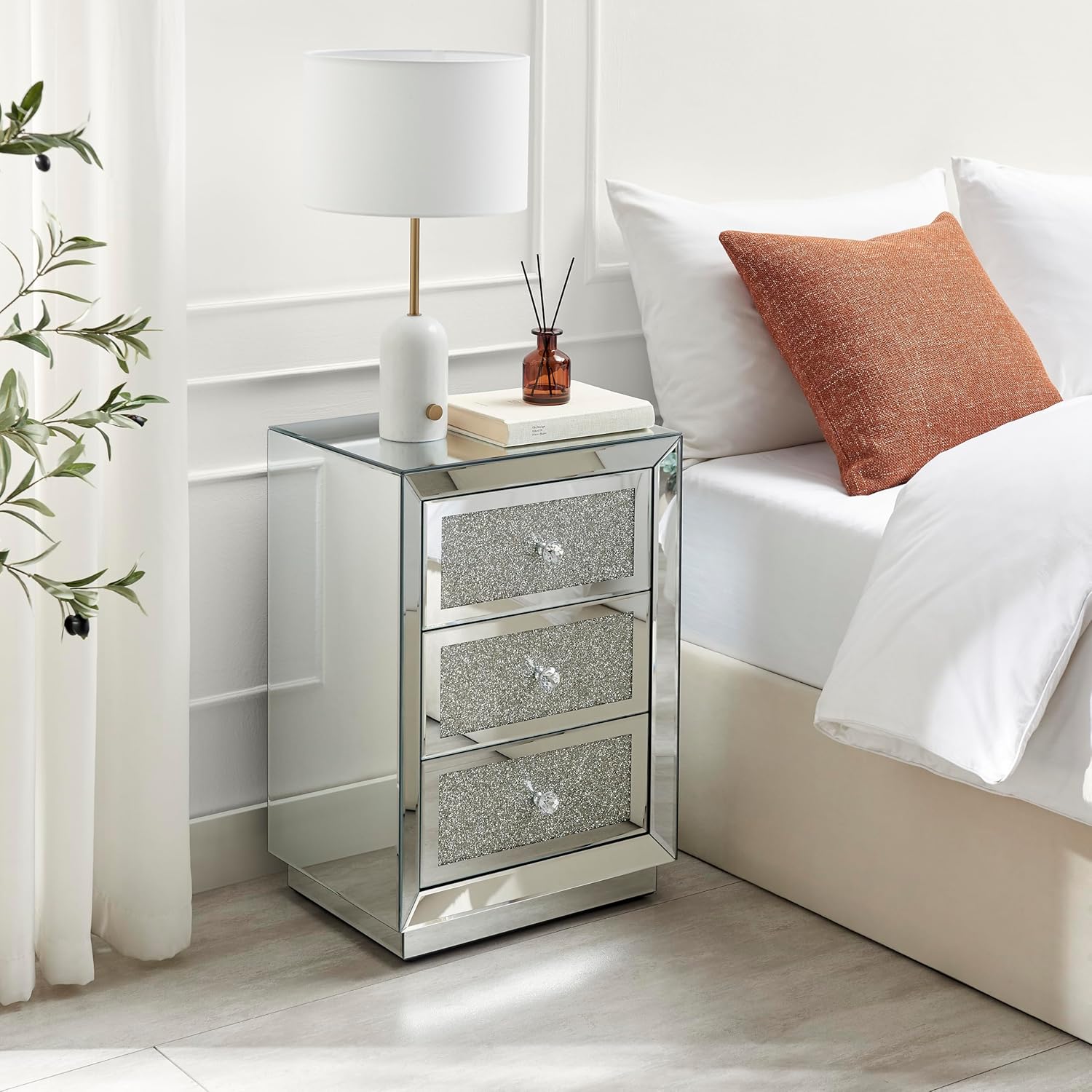 Furniturebox UK Stella Crushed Diamon Mirrored Crystal Bedside Table Bedside Cabinet Modern Stylish 3 Drawer Bedroom Storage Bedroom Furniture