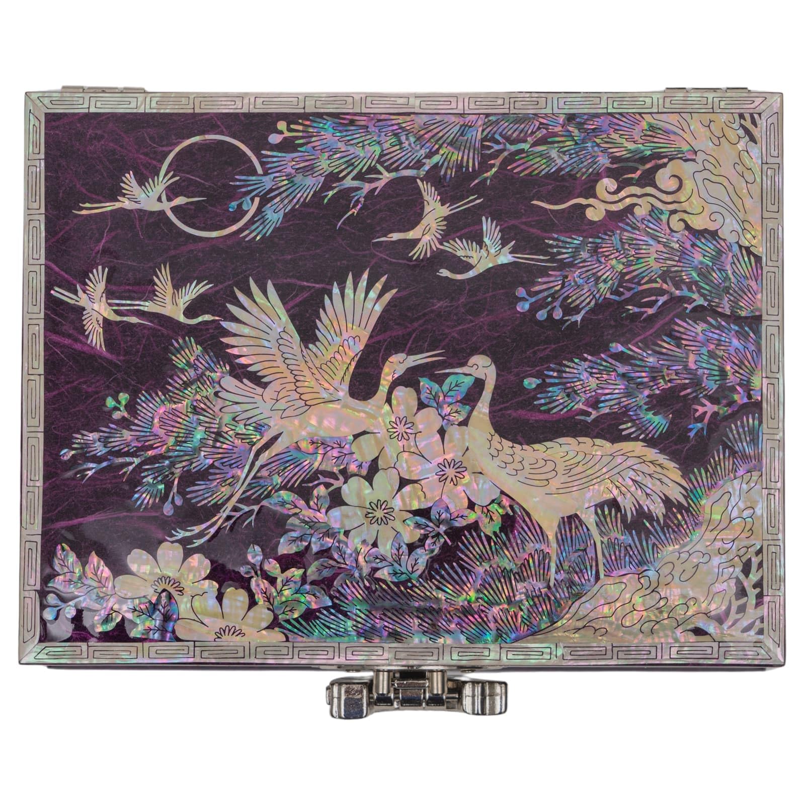 February Mountain Boîte à bijoux à musique en nacre coréenne – Grue et motif floral fabriquée à la main – Joue Arirang – Cadeaux uniques pour maman, sœur, épouse et grand-mère (violet)