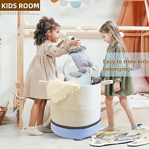 Miniatura 3 de Cesta para mantas, 17.3 x 17.3 x 16.5 pulgadas, cesta extra grande, cesta de cuerda de algodón suave tejida redondez para sala de estar, cesta de