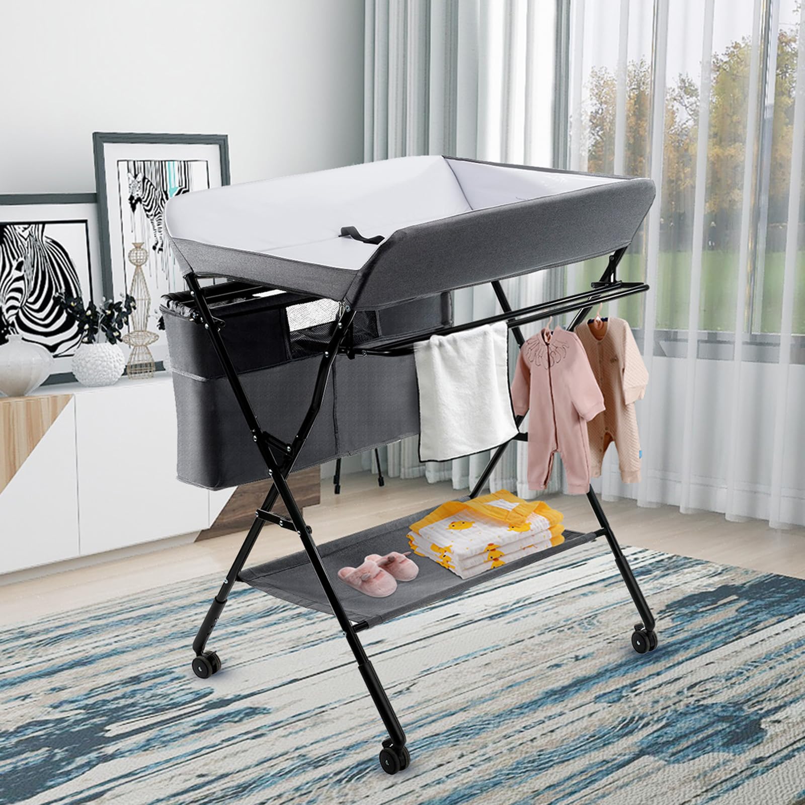 COSTWAY Fasciatoio Pieghevole Portatile, Bagnetto Cambio Pannolini per Bambini Neonati, con Ruote e Vaschetta, Altezza Regolabile 79.5x66x97-101 cm (Grigio)