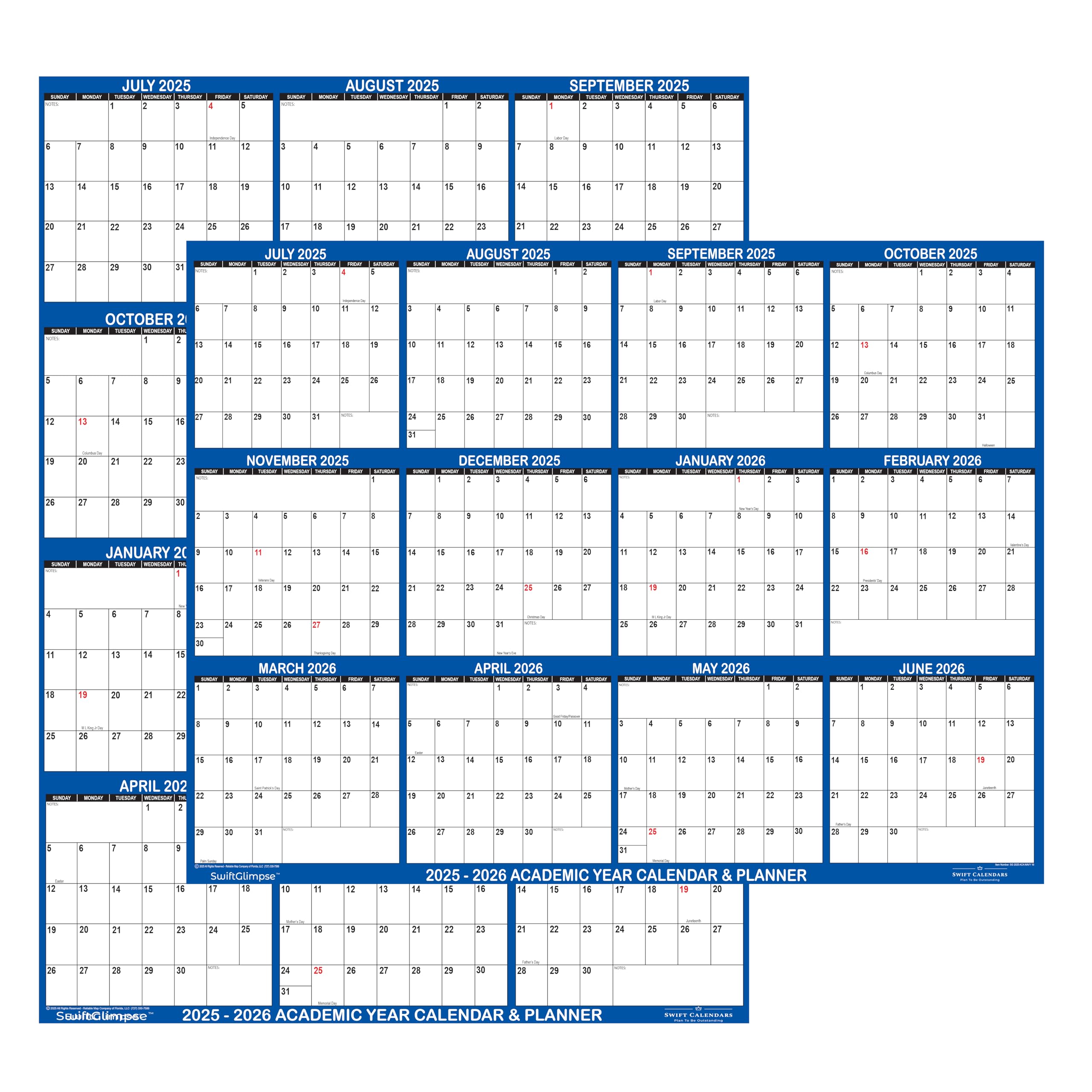 24x36 SwiftGlimpse 2025-2026 Academic Wall Calendar Dry Erase Erasable, Large, Wet & Dry Erase Laminated, Yearly School Planner, JULY 2025 to JUNE 2026 ONLY, NAVY