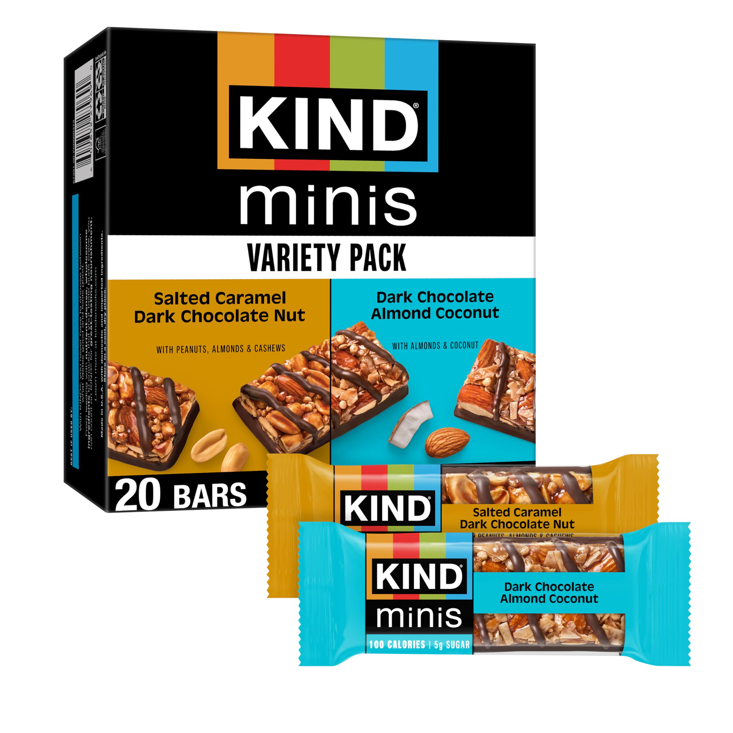 KIND Mini Nut Bars, Variety Pack, Salted Caramel Dark Chocolate Nut and Dark Chocolate Almond Coconut, Low Calorie Snacks, Gluten Free, Low Sugar, 2-3g Protein, 20 Count