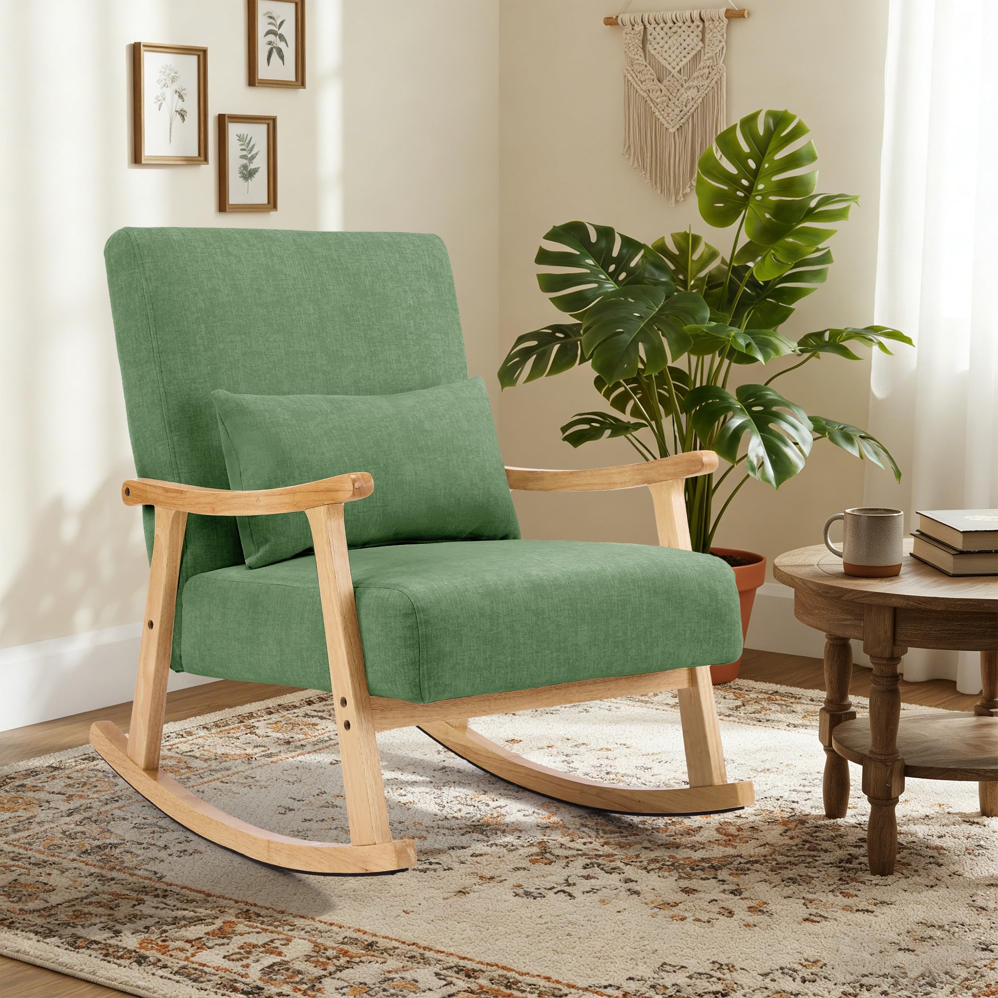 Mid-Century Modern Schaukelstuhl, Schaukelsessel mit Lendenkissen, Gepolsterter Stillsessel mit Holzarmlehnen & Holzbeinen, Bequemer Sessel für Wohnzimmer, Schlafzimmer & Babyzimmer, Grün