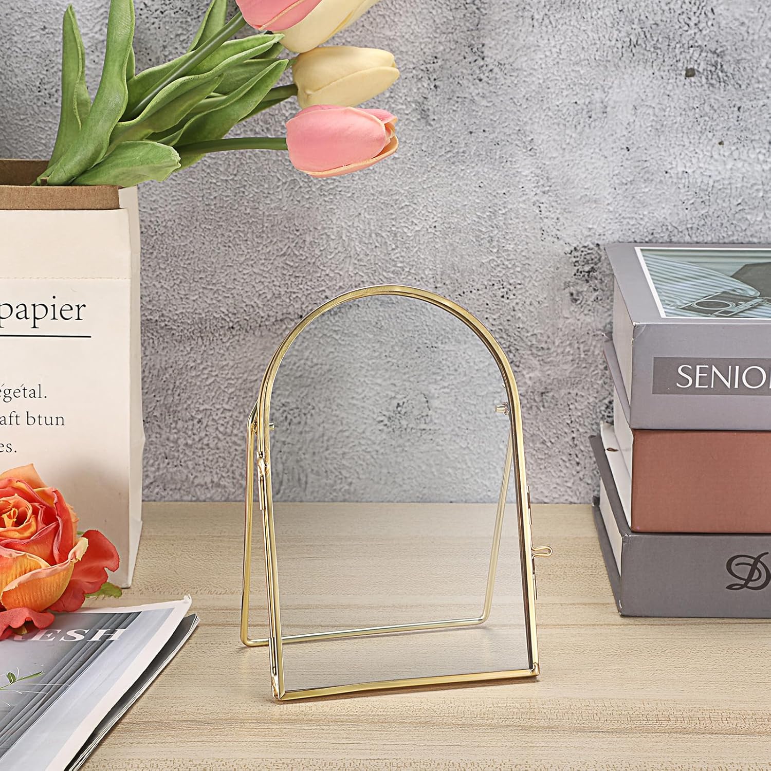 JUXYES 3 Pack Tabletop Double Glass Brass Frame for Pressed Flowers, Arch Double Sided Glass Frame Gold Floating Artwork Display Frames for Photo, Picture, Dried Pressed Flower, etc, 4x6 Inches