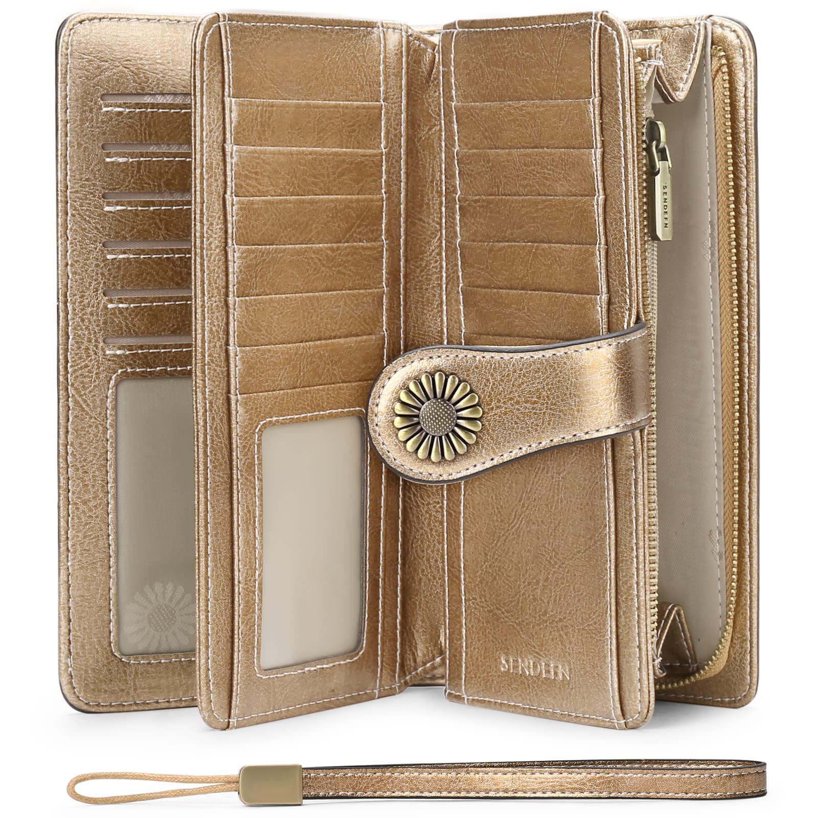 SENDEFNWallets for Women Genuine Leather Credit Card Holder with RFID Blocking Large Capacity Wristlet