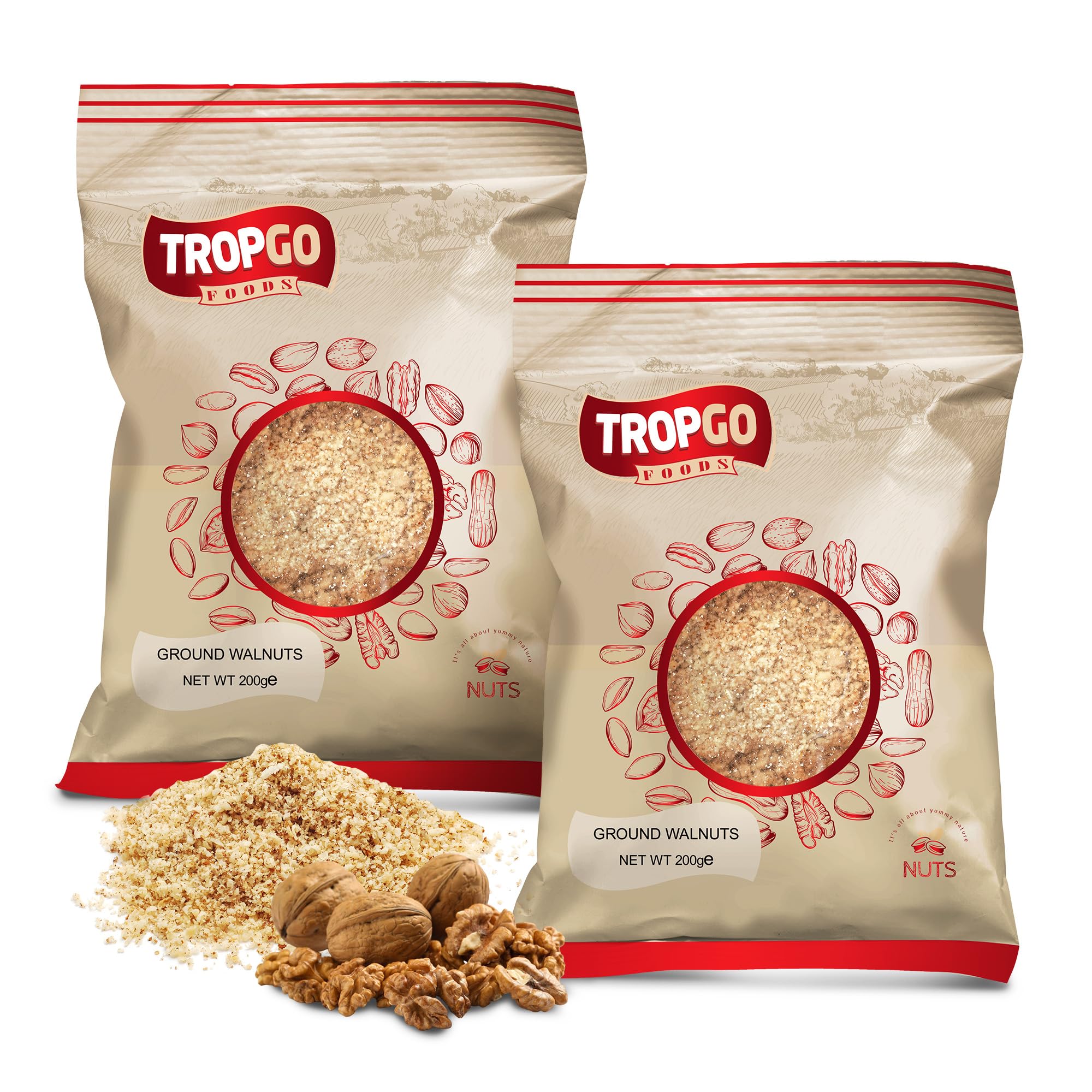 Tropgo Ground Walnuts 2 x 200g - Premium Walnuts in Resealable Bag - Healthy Snacks with Fibre, Protein, and Minerals - Kosher, Ideal for Cooking & Baking