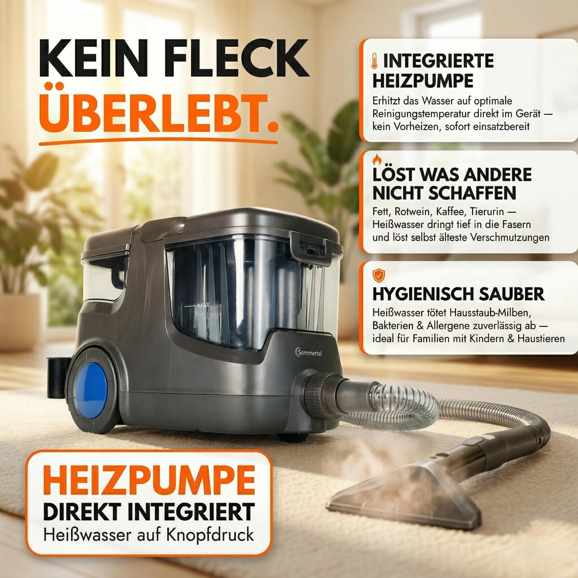 Sommertal HYDRO 9000 MAX Waschsauger | 1.000W, 28 kPa | Teppichreiniger & Polsterreiniger mit integriertem Dampfsauger und Nasssauger-Funktion für Teppich, Sofa, Auto-Innenraum & Matratzen