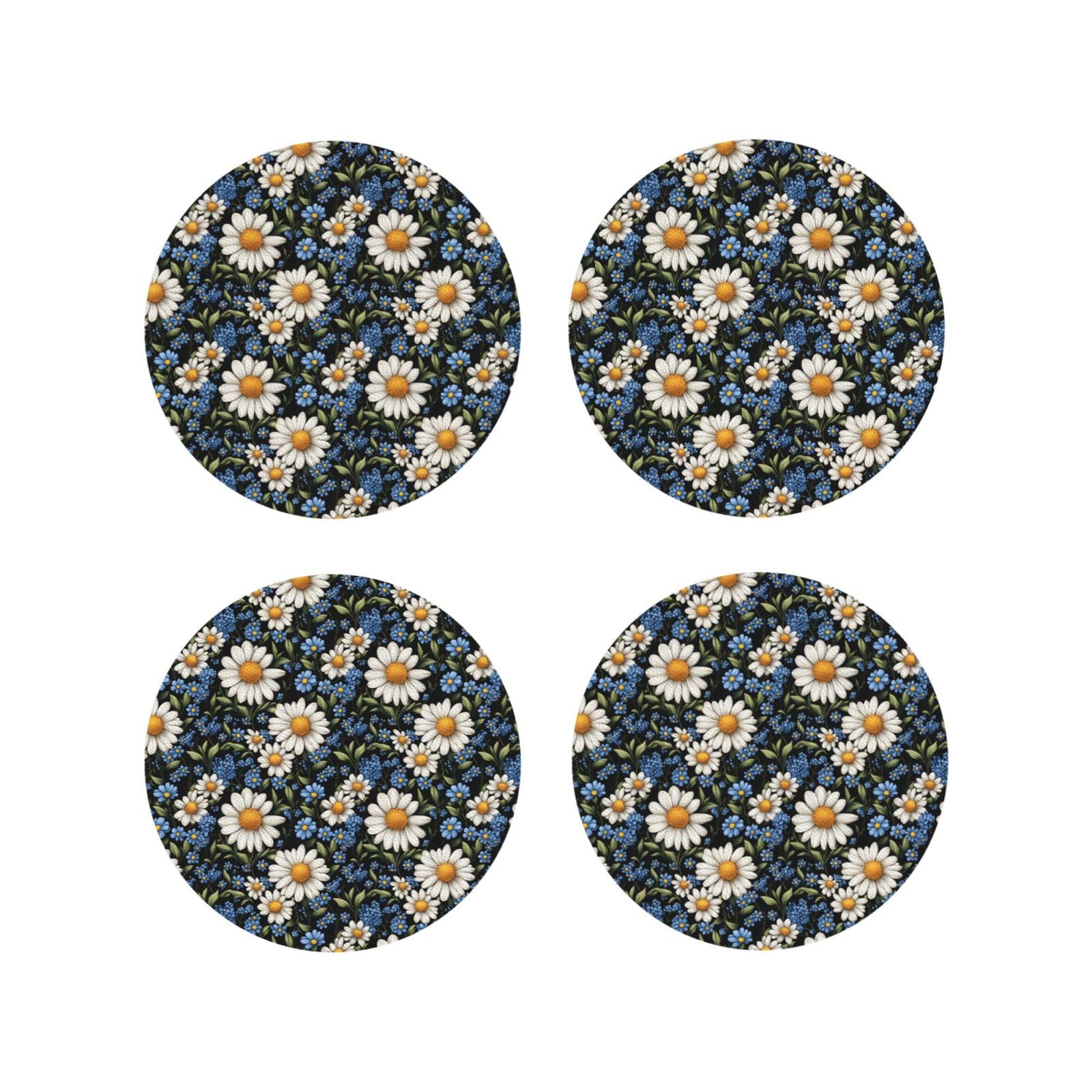 Leather Coasters Set of 4 - Blue and White Daisies Print Lightweight Drink Coasters for Desk