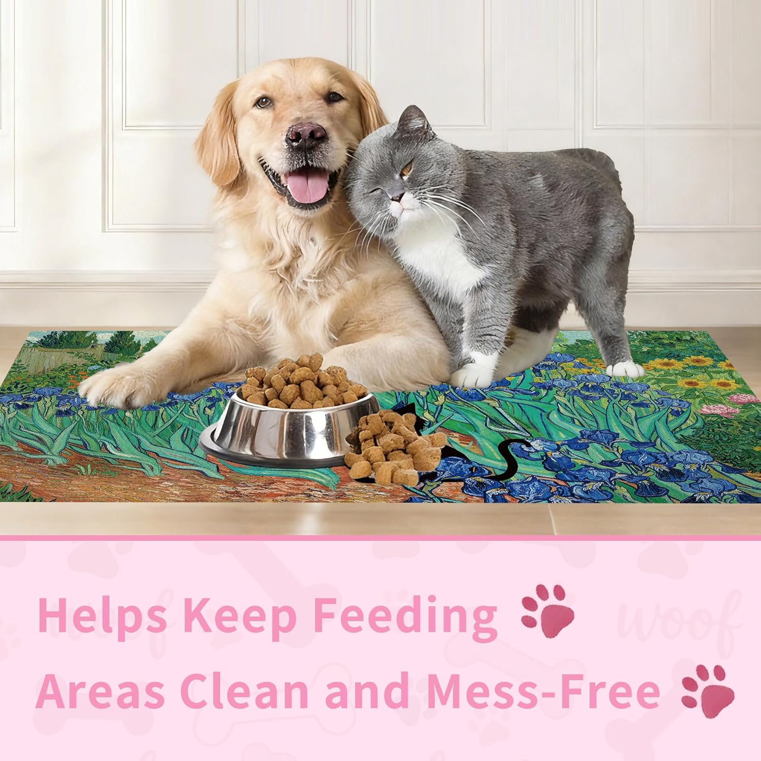 Black Cat Pet Feeding Mat, Absorbent Dog/Cat Food Mat for Food and Water Bowl, Non-Slip Quick Dry Pet Placemat Floor Protector for Messy Drinkers(17 x 30 in)