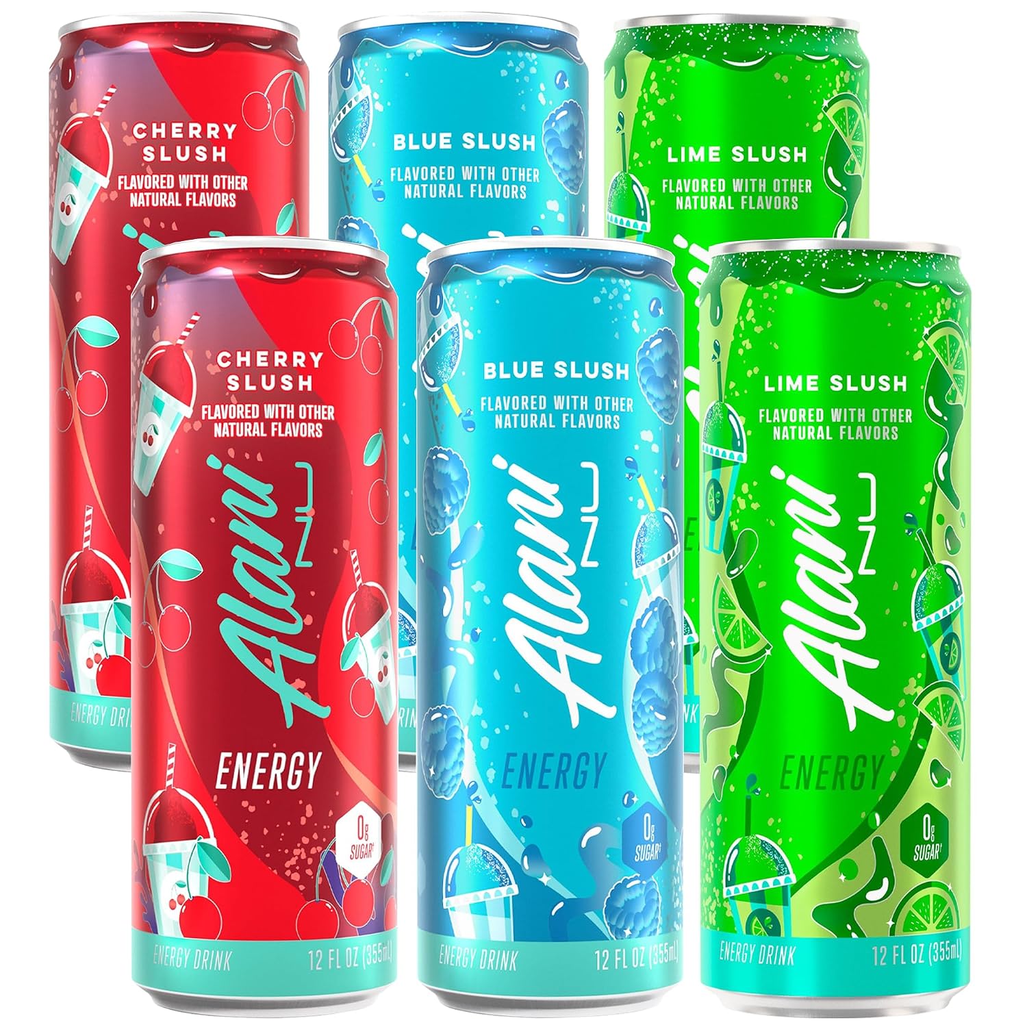 Alani Energy Drink Variety Pack – Sugar Free, Low Calorie Energy Drinks – Assorted Flavors – 12 fl oz Cans (Pack of 6) (Cherry Slush, Blue Slush, Lime Slush.)