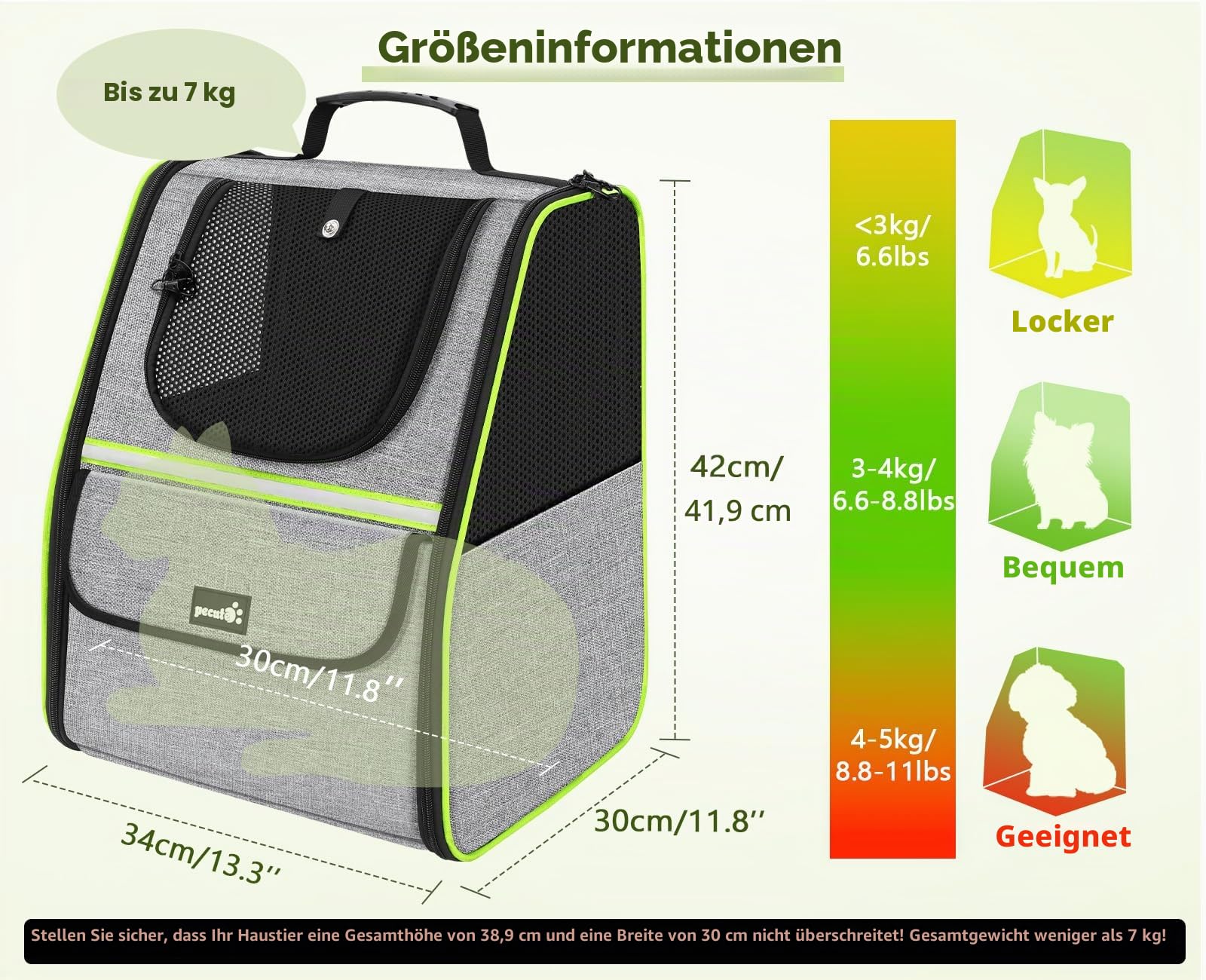 pecute Katzenrucksack Haustier Rucksack mit Netzfenster, Tragbare und Faltbare Katzentasche, Atmungsaktive und Leichte Hundetasche, Multifunktionales Ausgehen Reisen Grau bis 6 kg