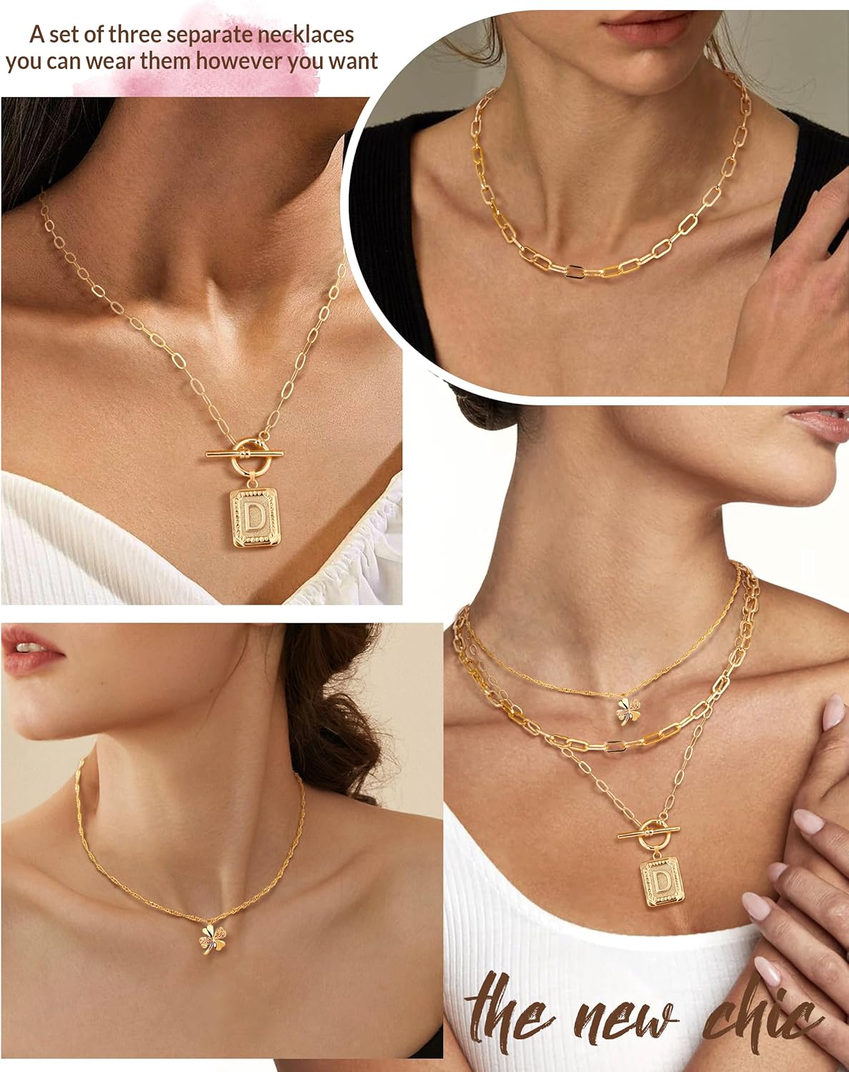 MJartoria Layered Clover Necklaces for Women Trendy, 14K Gold Plated Simple Initial Necklace Square Letter Pendant, Paperclip Chain, Gold Necklace Jewelry Gifts - Image 3