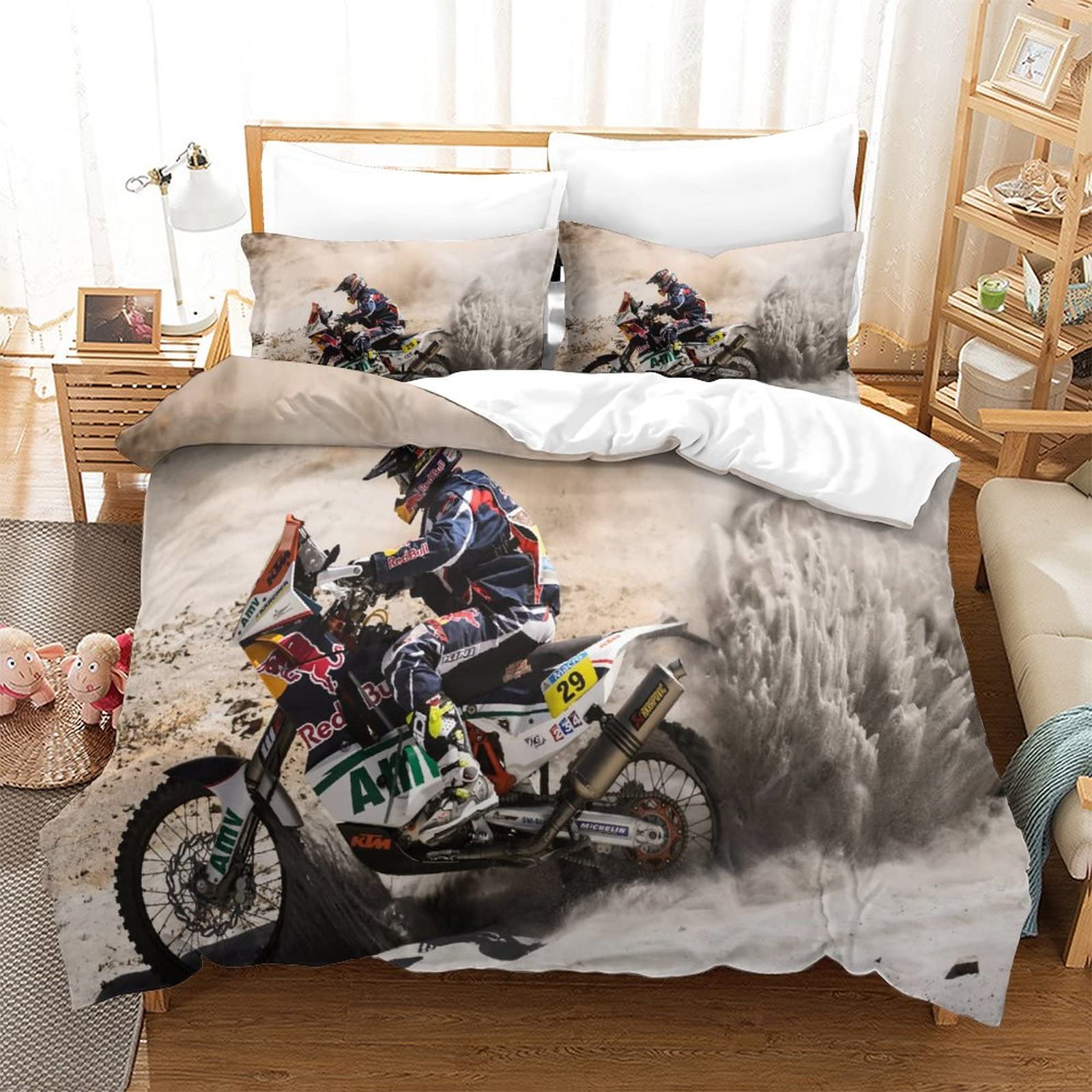 WANHUI Motocross Duvet Cover with Pillowcases 3D Printed Bedding Set with Zipper Closure Unique Design Anti-allergic Duvet Cover King（220x240cm）