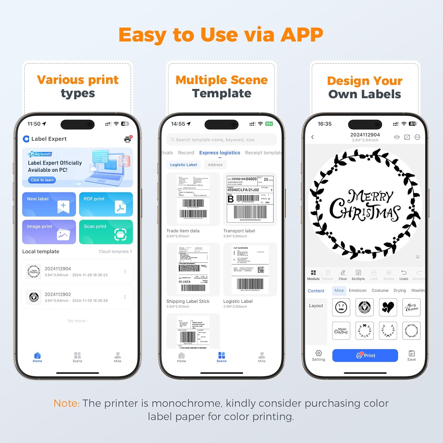 Screenshots of the Joysea mobile app showing various label printing options and design templates.