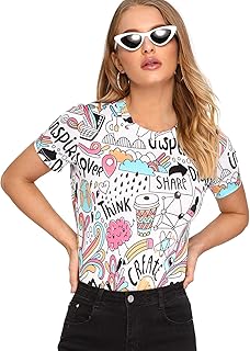 SheIn Women's Casual Crew Neck Short Sleeve Fitted Graphic T-Shirt Tee Tops