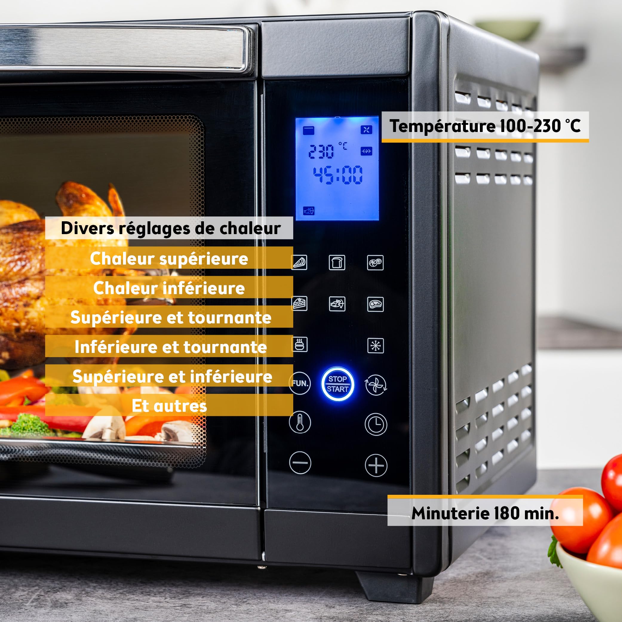 TZS First Austria – Mini-Four 45L 2000W digital – Revêtement Premium-X, Température jusqu'à 230°C & 4 Niveaux – Minuteur 180 Min & 8 Modes – Inclus Tournebroche – Pour Petites Cuisines & Camping