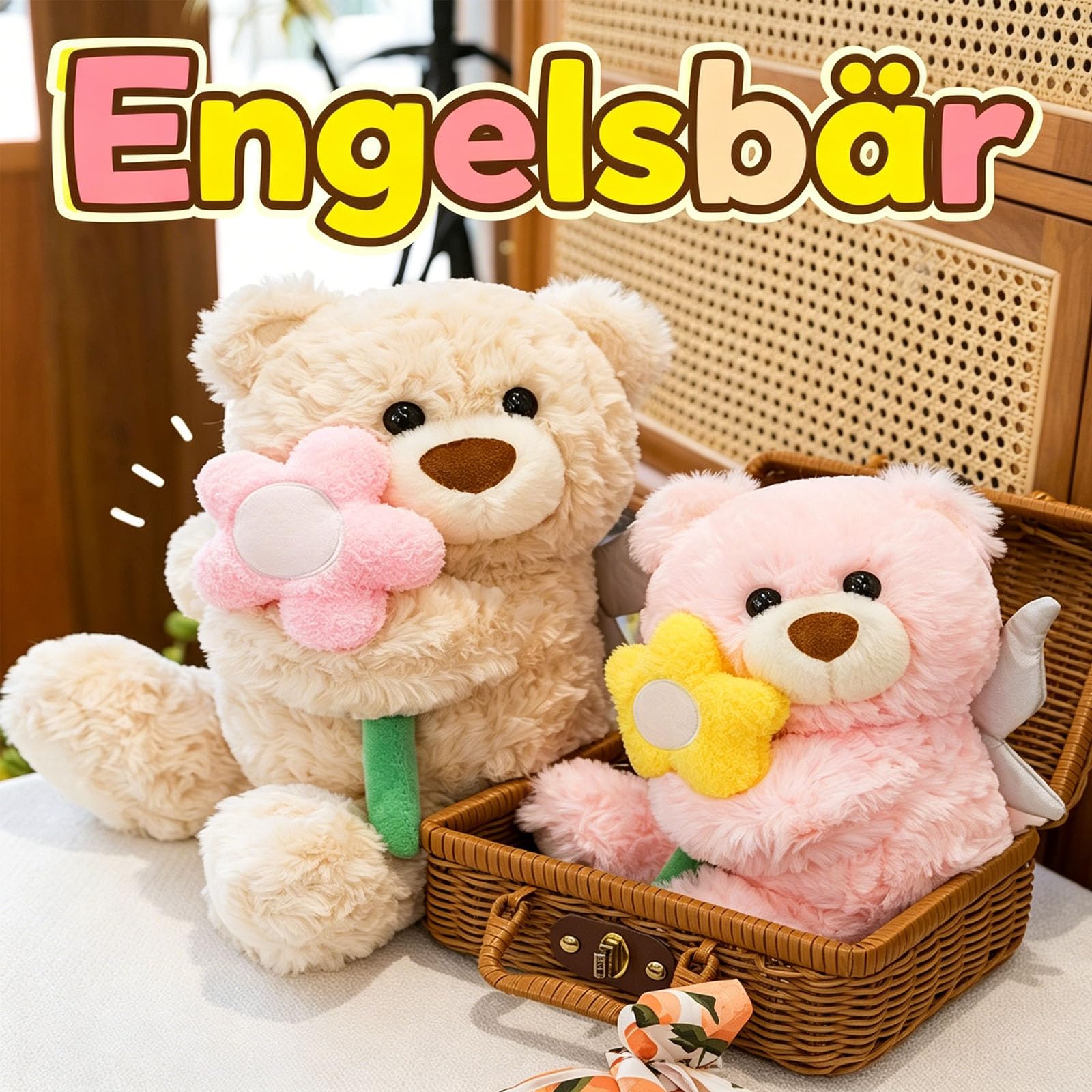 Teddybär Kuscheltier, Plüschbär mit Blumen und Engelsflügeln, Teddy Bear Plüschtier, Geschenke für Freundin Kinder Geburtstag, Valentinstag (Beige,60cm)