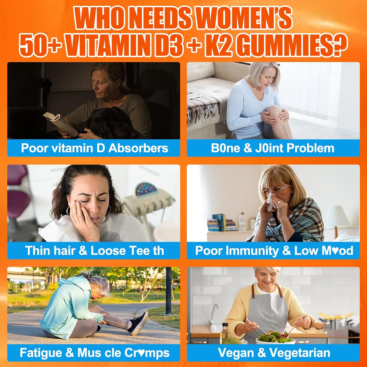 Vitamin D3 K2 Gummies Supplement for Women 50+: Organic Vitamin D3 5000 IU + K2 (MK-7) 120 mcg with 500mg Omega-3, 400mg Calcium, CoQ10 for Immune Health - Extra Strength for Adults(120Count)