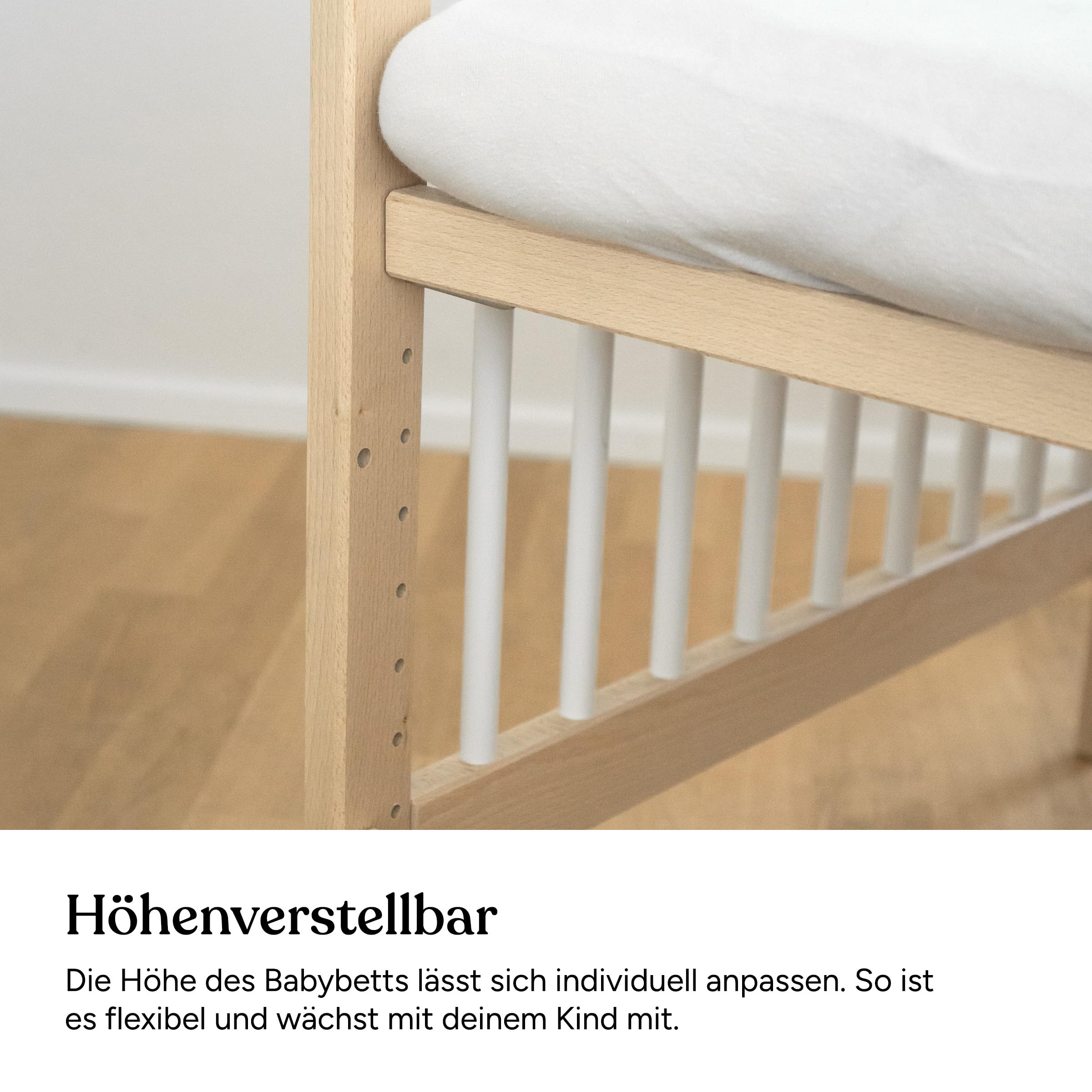 Ehrenkind® Babybett PUR 140x70 aus Buchenholz | Natur | Kinderbett 9-Fach höhenverstellbar mit entnehmbaren Stangen | Baby Bett