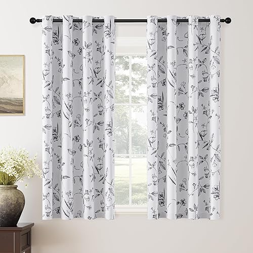 ChrisDowa Cortinas florales 100% opacas de 63 pulgadas de largo, 2 paneles para dormitorio, sala de estar, estampado de flores negras,