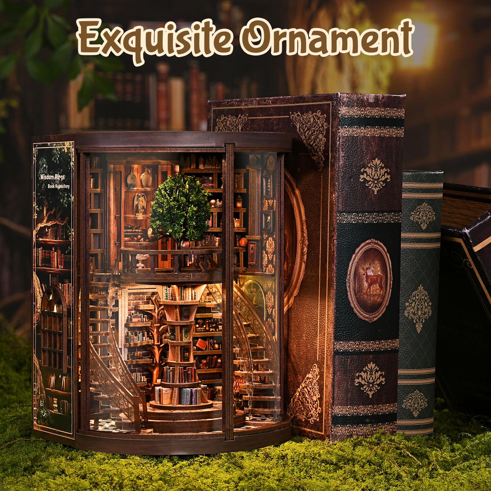 Cuteefun Casa de Muñecas en Miniatura Biblioteca con LED Cálido, Kit Book Nook DIY de Madera para Amantes de Libros, Regalo Cumpleaños Navidad, Decoración del Hogar (Wisdom Rings)