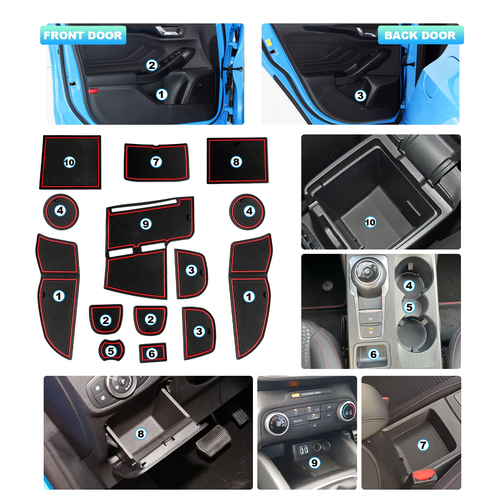 Antirutschmatten Für Ford Kuga 2017-2019 - Türschlitzmatten Set In Rot