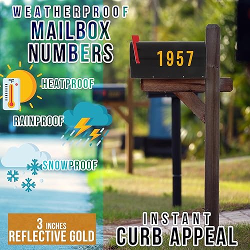 Miniatura 2 de Números de buzón  3 pulgadas, dorado, 4 juegos de números reflectantes para buzón para exterior, calcomanías adhesivas impermeables para números,
