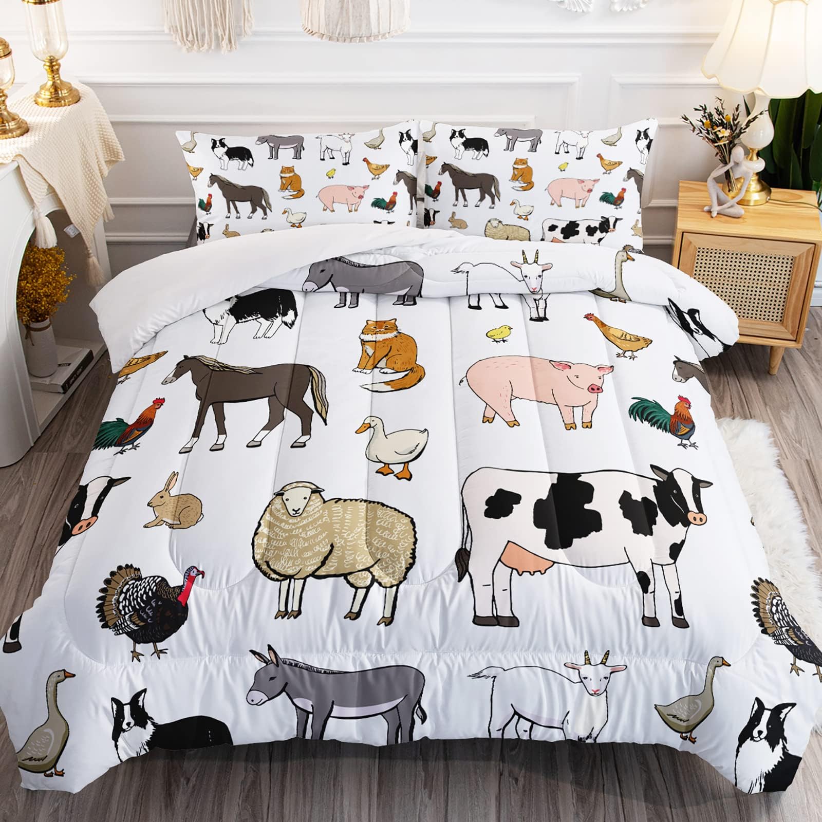 BailiPromise Farm Animal Bedding Set for Kids Cartoon Milk Cow Comforter 3 Piece Cute Horse Pig Chicken Cat Dog Cat Down Comforter Rustic Style Quilt Set Twin Size Ultra Soft Lighweight