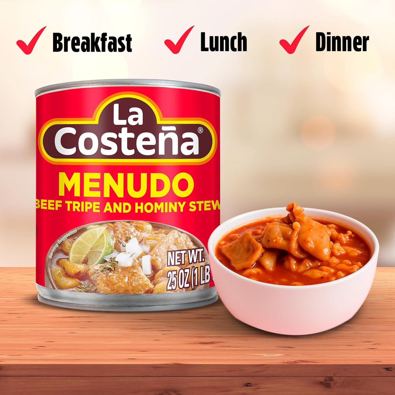La Costeña Menudo Mix - Classic Mexican Food with Beef Stock, Hominy Corn & Mexican Seasoning - Canned Beef Tripe for Chunky Soup - Pantry Staples - Ready to Eat Shelf Stable Food - 25 oz, 12 Pack