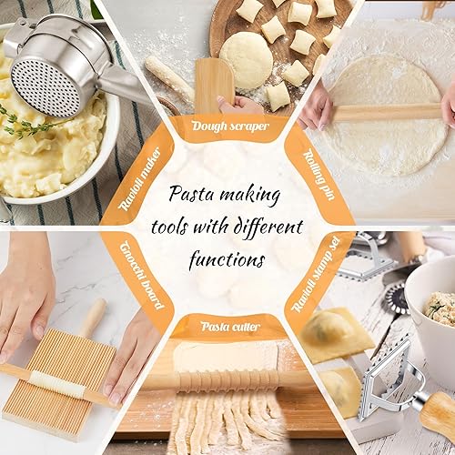 Miniatura 4 de Tioncy Juego de 9 herramientas para hacer pasta, incluye tablero de ñoquis de madera, cortador de papas, cortador de pasta de madera, ravioles,