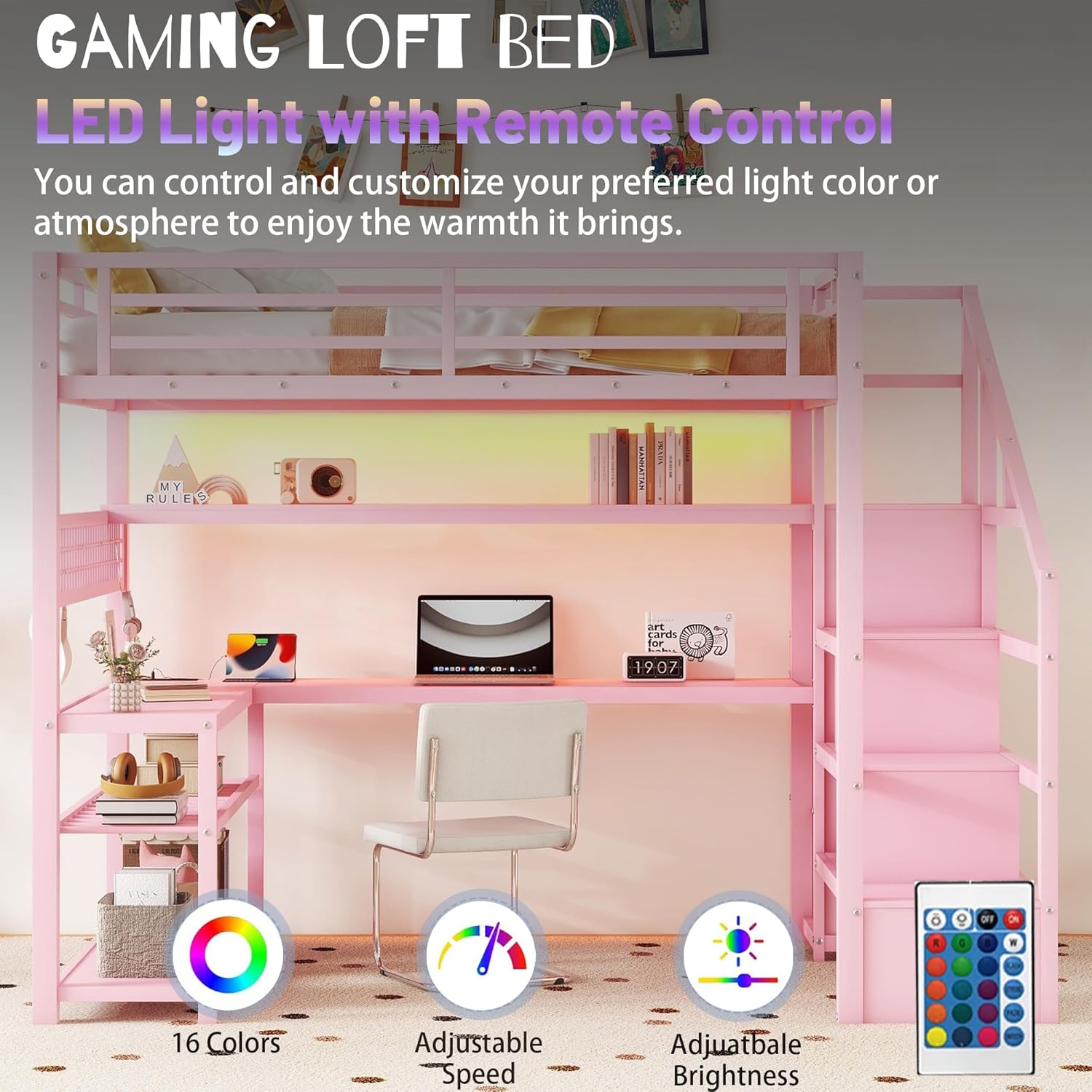Full Size Loft Bed with Desk and Stairs,Metal Gaming Loft Bed with LED,Charging Station, High Loft Bed Full with Storage Shelves and Wardrobe for Kids Teens, Adults, Pink