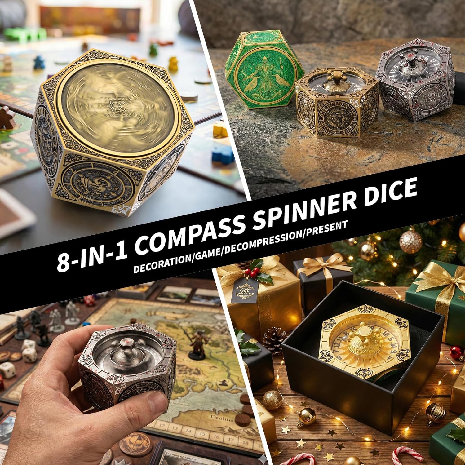 DND Spinning Dice Set, 8-in-1 Hexagonal Metal Dice with D20 Spinner, Unique Fantasy RPG Game Dice with Rotating Top, Perfect for Dungeons & Dragons, D&D DM Gift (Vampire Silver)