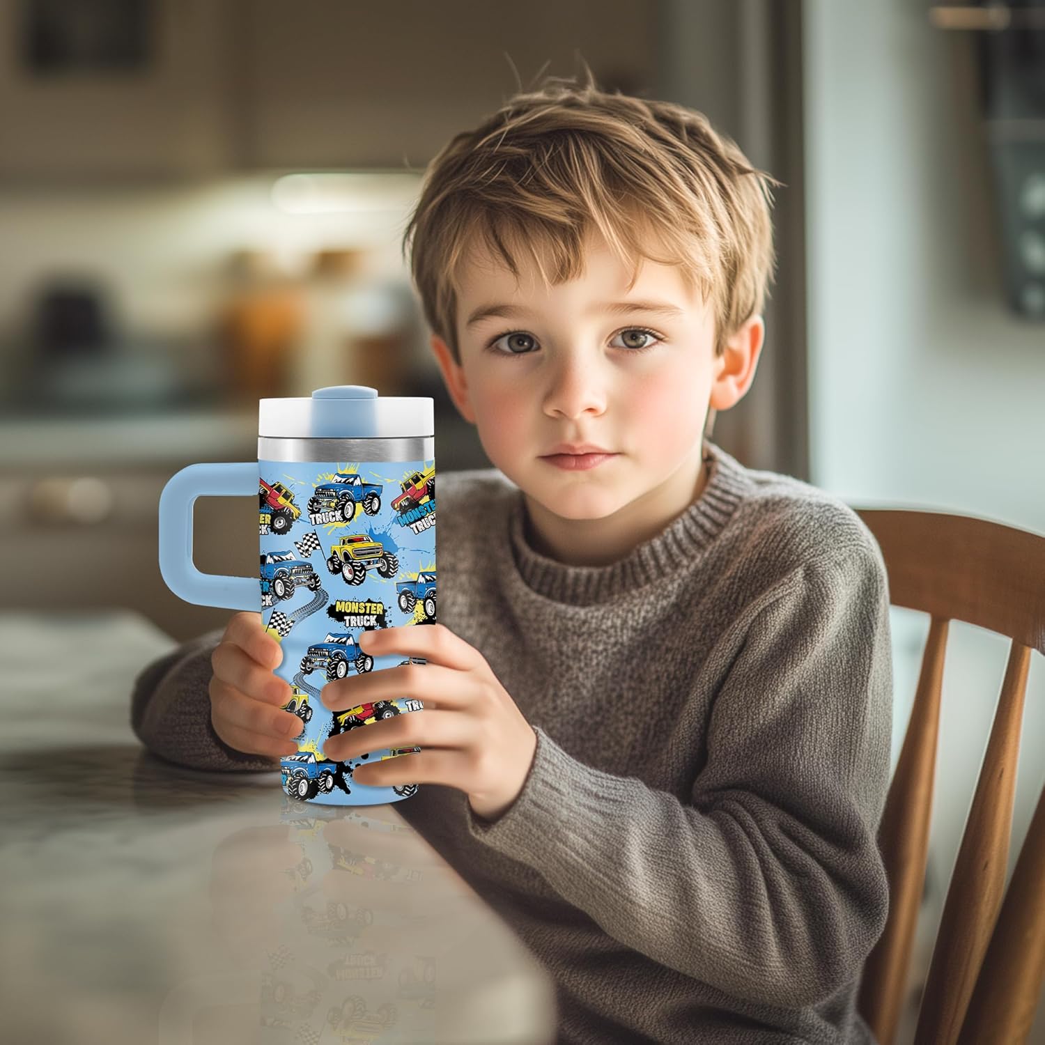 14 oz Monster Truck Tumbler with Handle and Straw for Kids, Insulated Stainless Steel Travel Mug for Boys, Double Wall Vacuum Reusable Cup, Birthday Gifts for Boys - Image 4