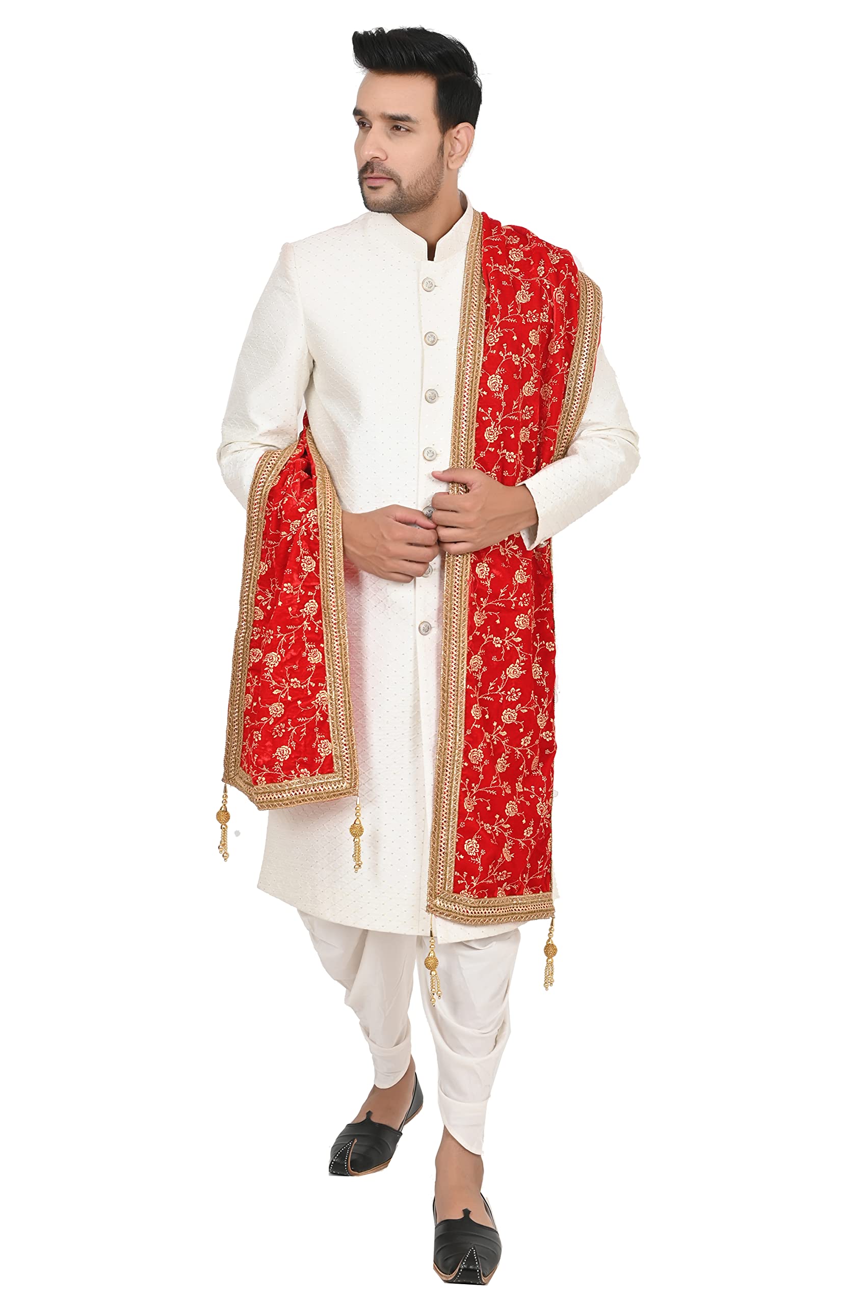 Men's Velvet Flower Gold Print Sherwani Dupatta with Tassels (Red,Free Size)-image-12
