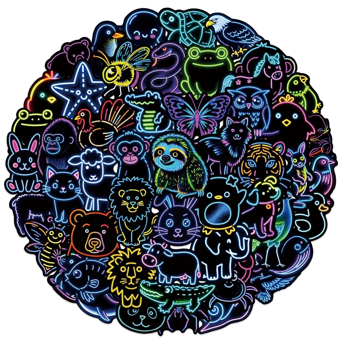 50 Pcs Neon Animal Stickers Laptop Car Scrapbook Phone Skateboard Suitcase Luggage Bike Animal Vinyl Waterproof Aesthetic Personalised Stickers for Teens Boys Girls Adults