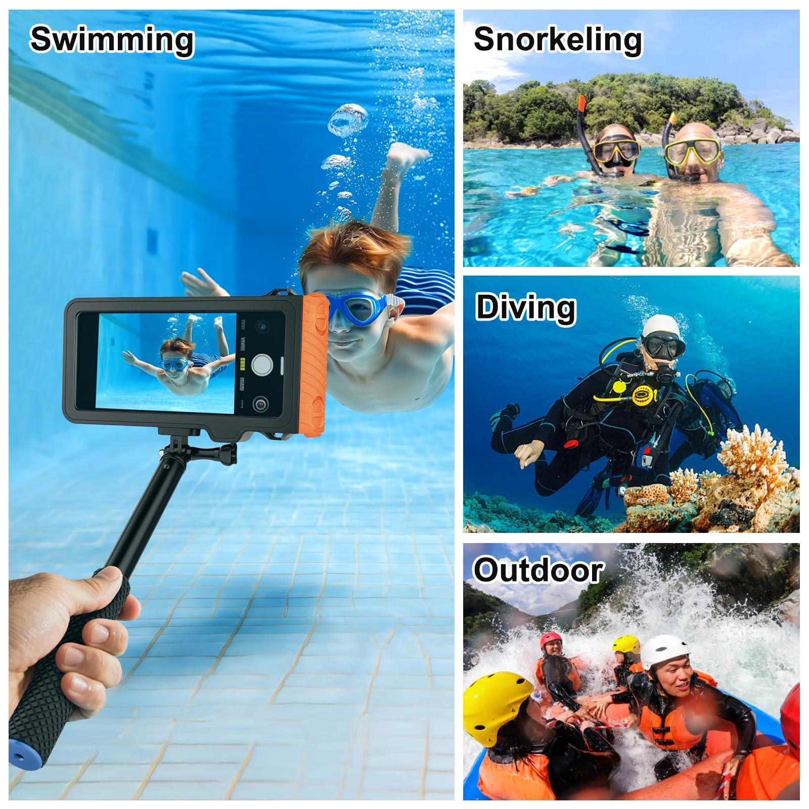 ShellBox wasserdichte Selfie Stick with wasserdichte Handyhülle Set Unterwasser Wasserfeste Handyhülle Schwimmen Baden Tauchen Surfen Bootfahren Compatible iPhone 16e 16 15 14 13 Pro Max Samsung S25