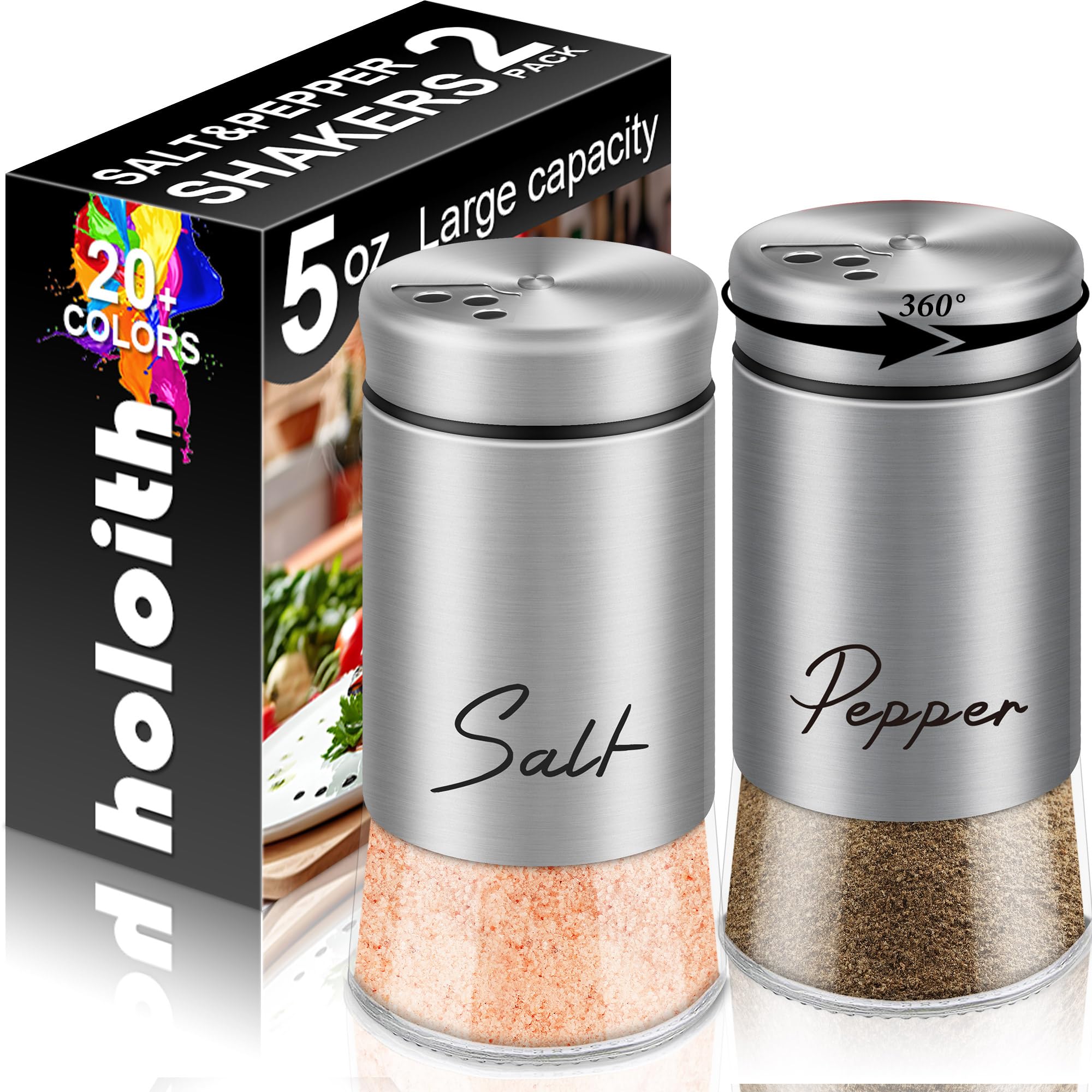 Stainless Steel Salt and Pepper Shakers Set,5 oz Salt Shaker with Adjustable Pour Holes, Modern Pepper Shaker for Kitchen Metal Gadgets with Glass Bottom (Silver)