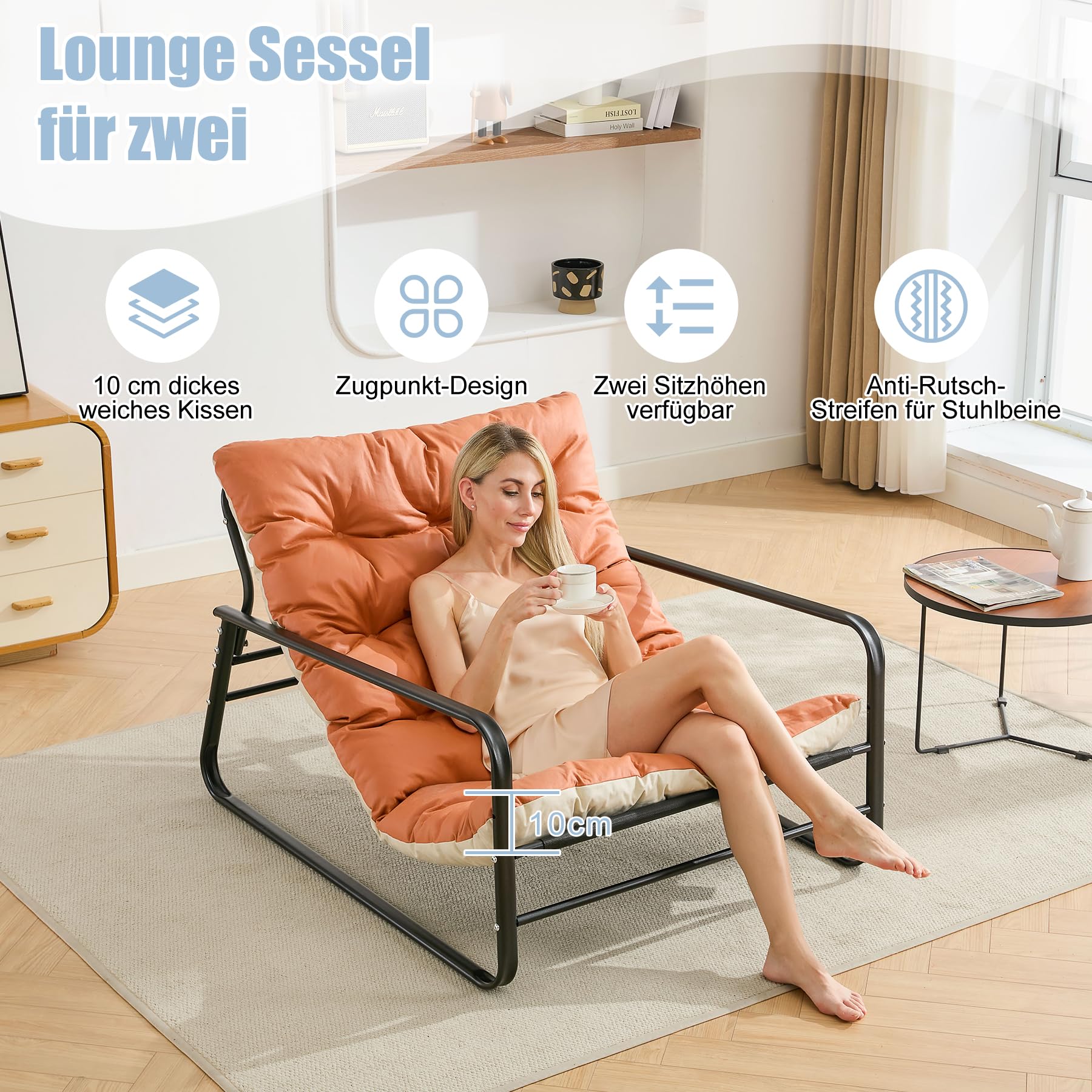 Poltrona soggiorno, sedia da giardino con cuscino girevole, giardino, sdraio, balcone, mobili in acciaio, sedia imbottita per 2 persone, sedia da giardino, per esterni, sedia relax, balcone