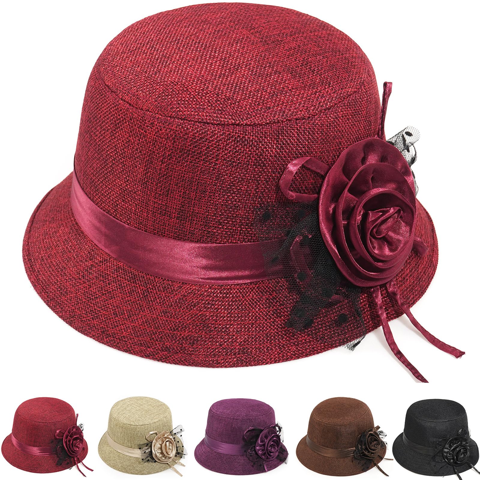 Initlove Sombreros tipo cloche vintage para mujer, sombrero de bolos floral para fiesta de boda