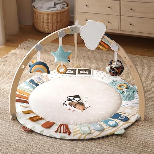 Miniatura 2 de Blissful Diary Tapete de gimnasio y actividad para bebés, 5 zonas de desarrollo, tapete de madera para el tiempo boca abajo con 5 juguetes
