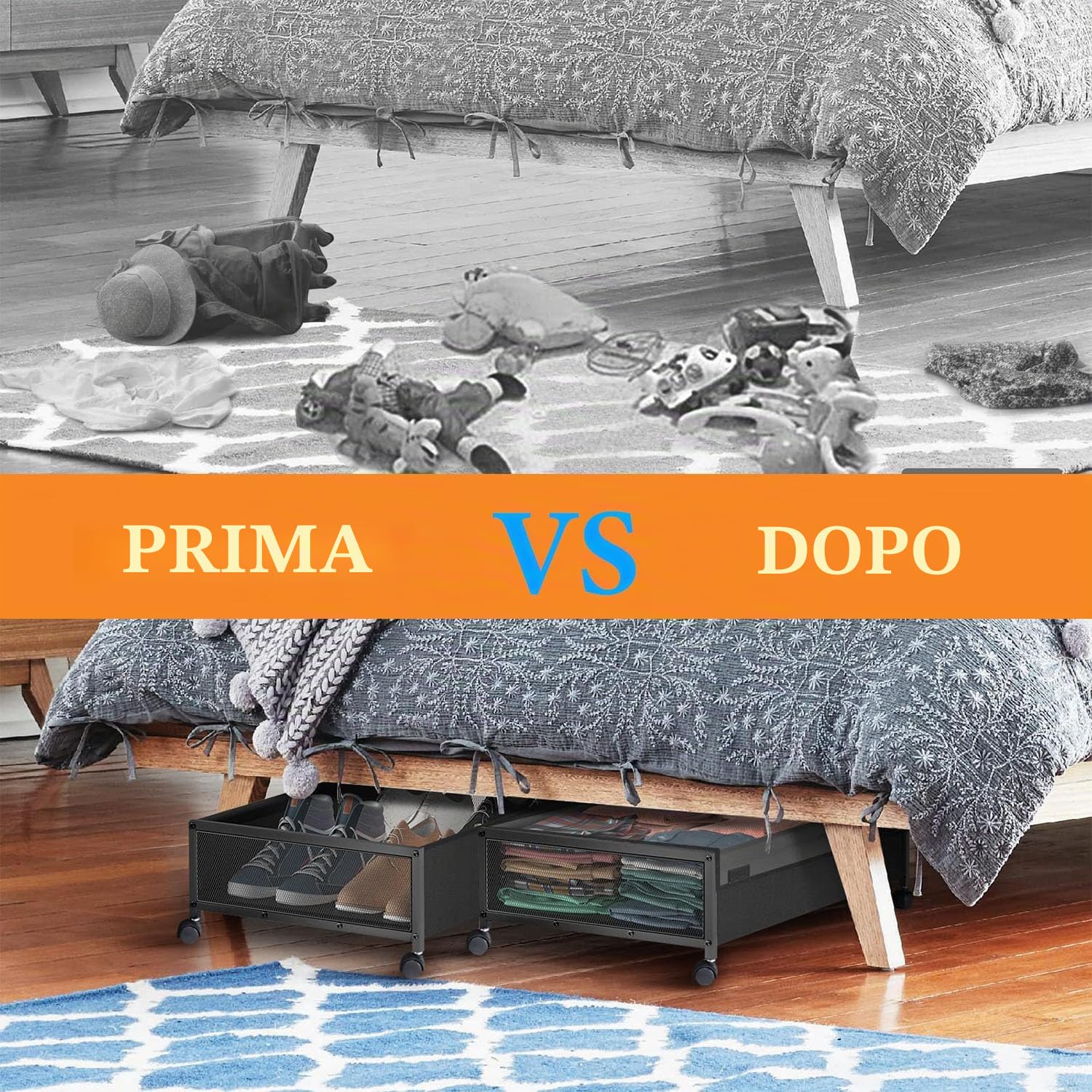 Contenitore sotto il letto, 2 pezzi, con ruote, altezza 15 cm, stabile, con coperchio e maniglia, per vestiti, giocattoli, scarpe e coperte