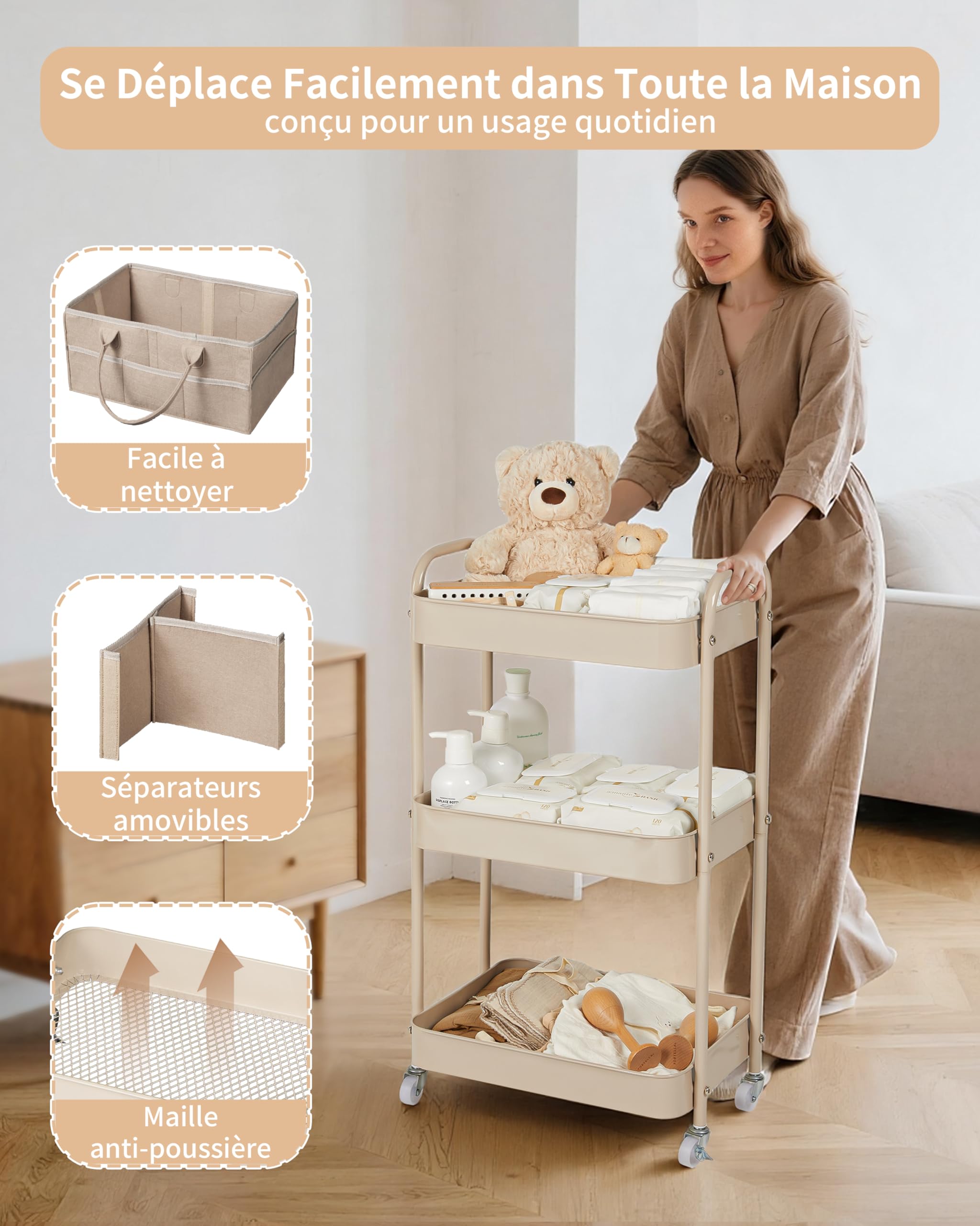 Fortella Desserte à Roulettes avec Panier Rangement Bébé, Chariot de Rangement 3 Niveaux, Sac a Langer Bebe Portable, Rangement Table a Langer Bebe, Organisateur Cuisine Chambre, Salle de Bain(Marron)
